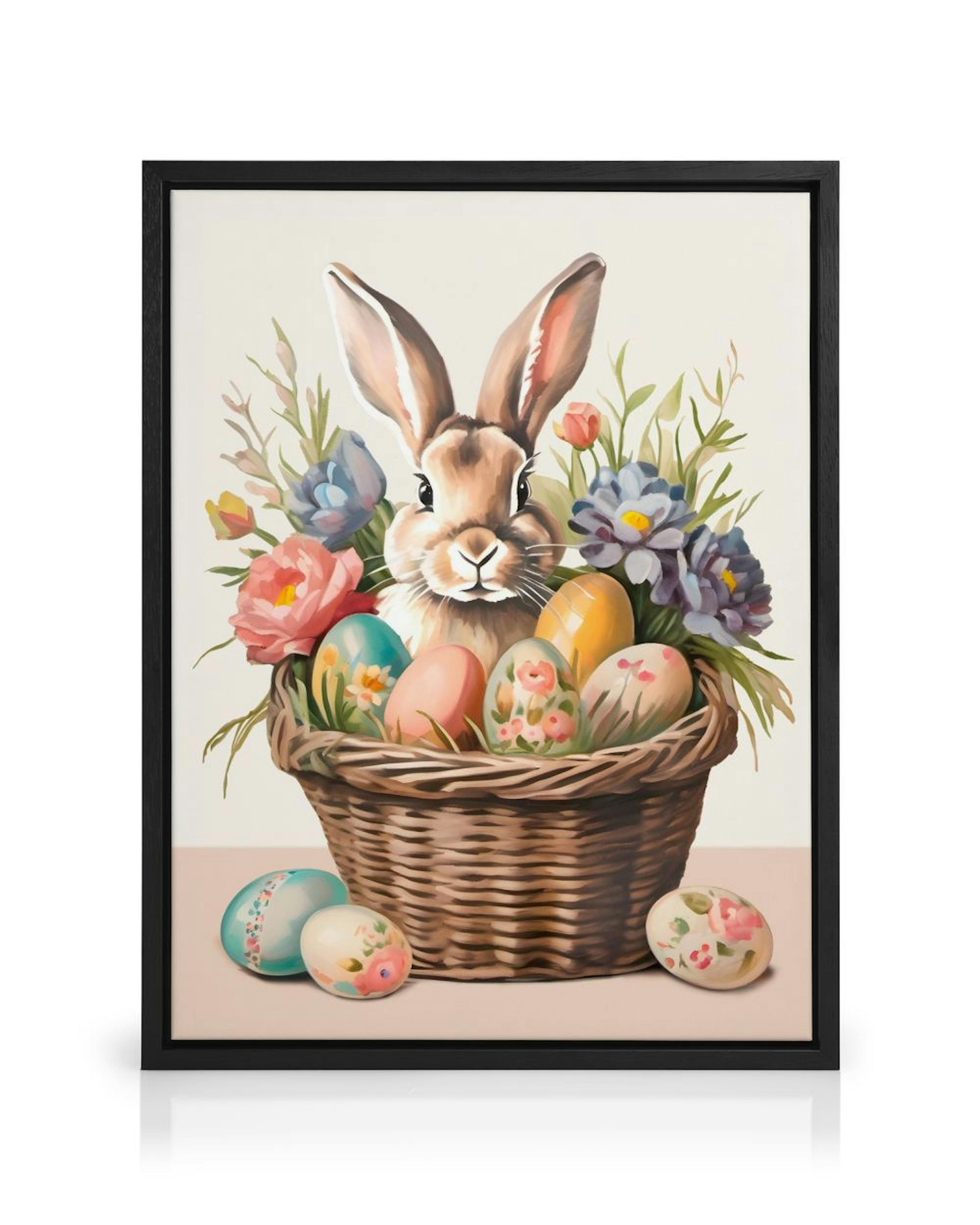 A charming canvas of a brown Easter bunny in a basket with colourful painted eggs and spring flowers.