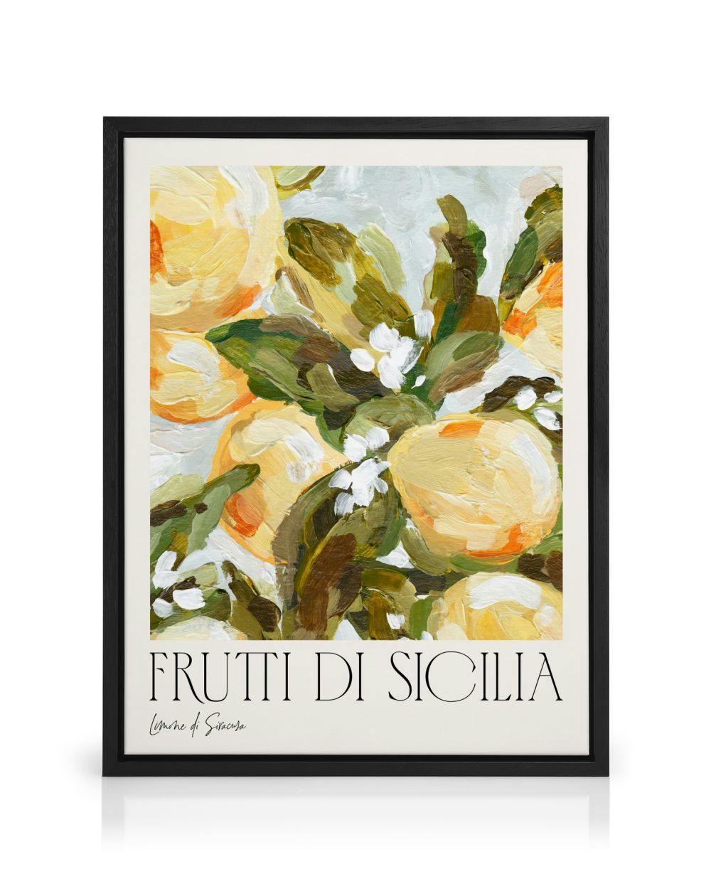 Toile Frutti di Sicilia avec des citrons jaunes texturés, des feuilles vertes et des fleurs blanches.