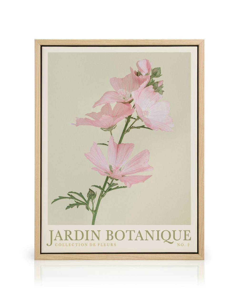 Een canvas met roze bloeiende bloemen en groene stengels op een lichte achtergrond, met de tekst JARDIN BOTANIQUE.