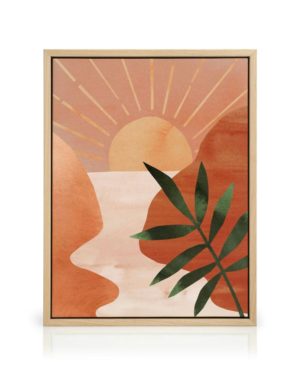 A canvas featuring an artistic depiction of a sunset over water, with earthy tones and a green palm frond.