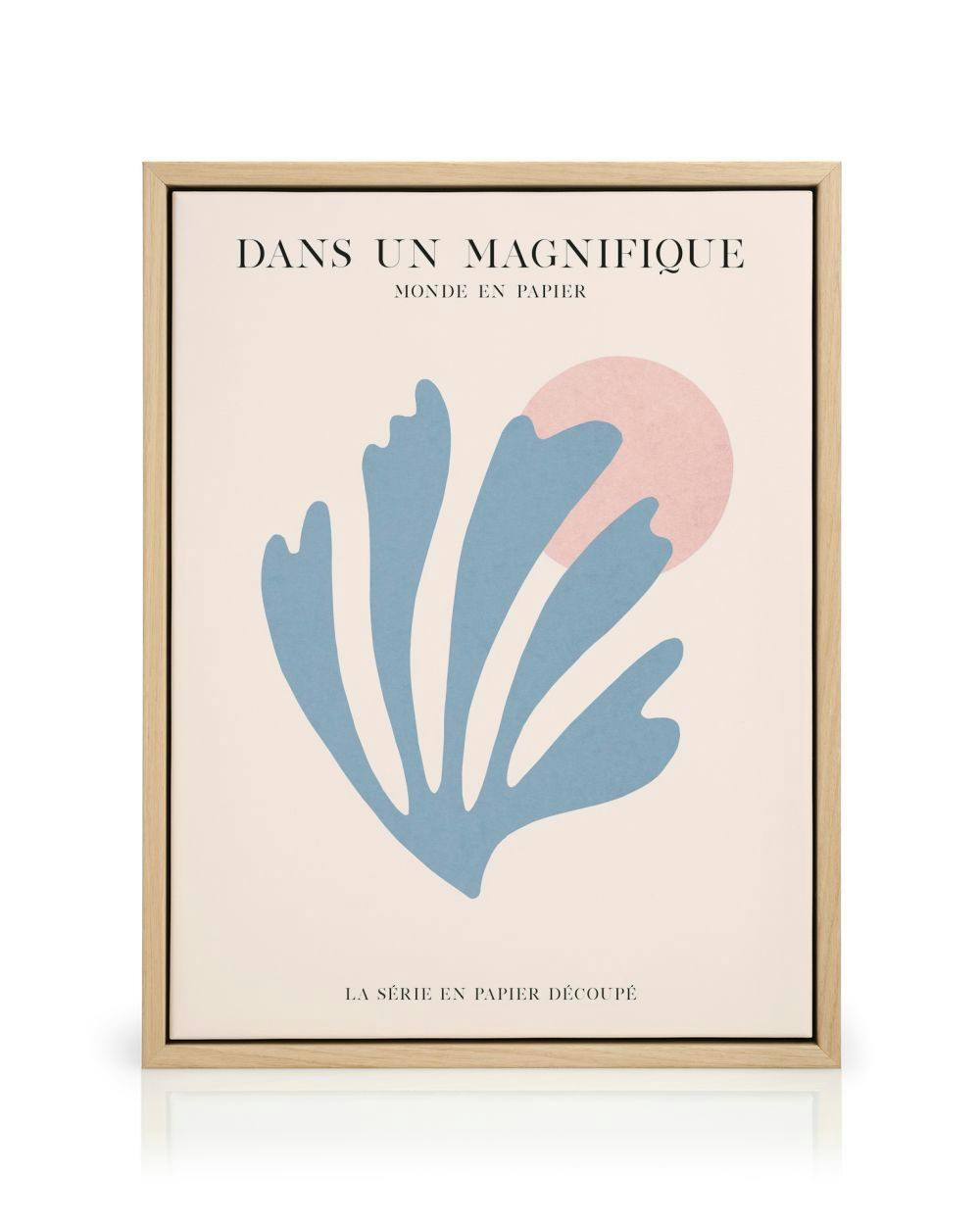 En canvastavla med ljusrosa bakgrund, ett stort ljusblått blad och en rosa solskiva.