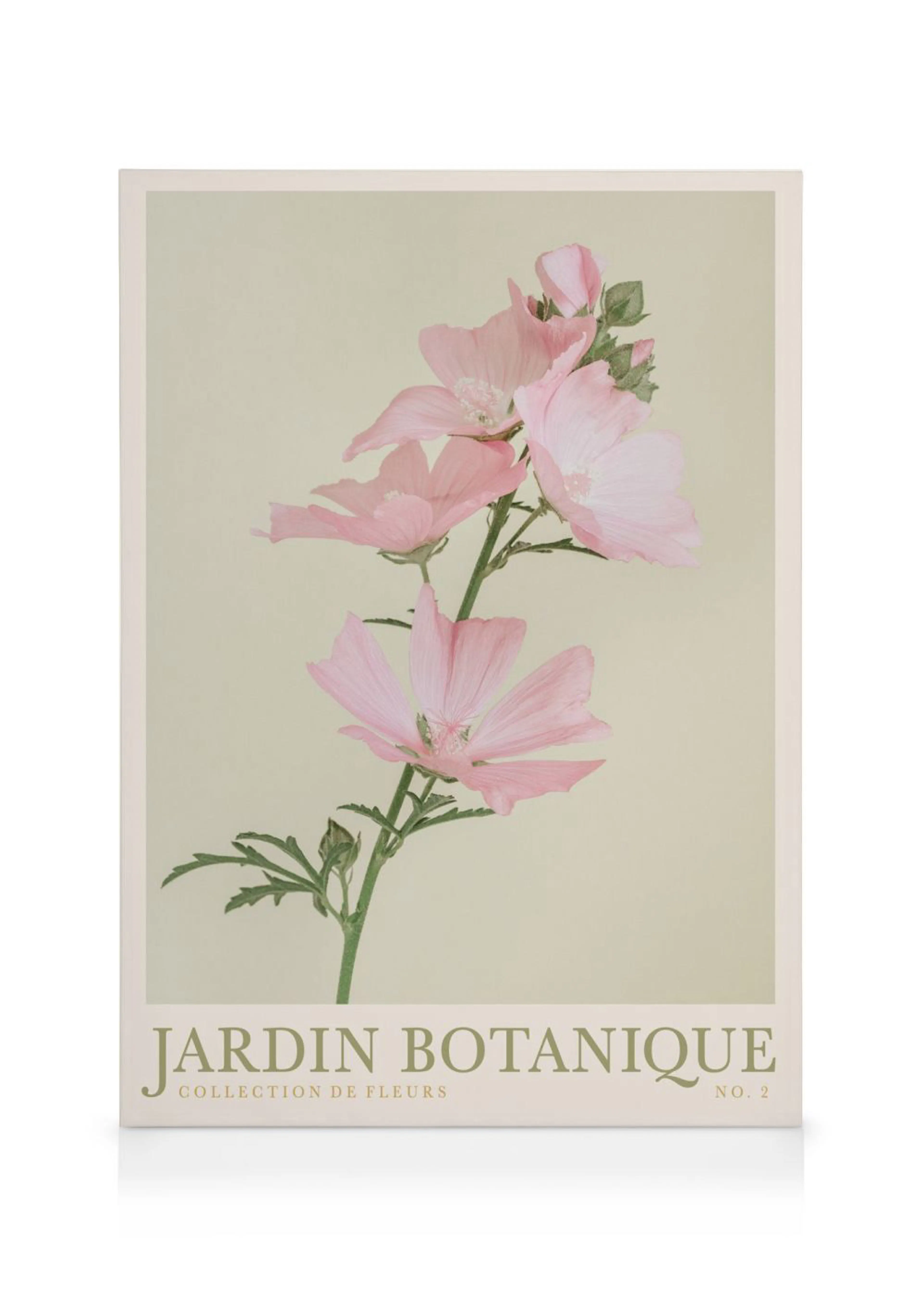 Een canvas met roze bloeiende bloemen en groene stengels op een lichte achtergrond, met de tekst JARDIN BOTANIQUE.