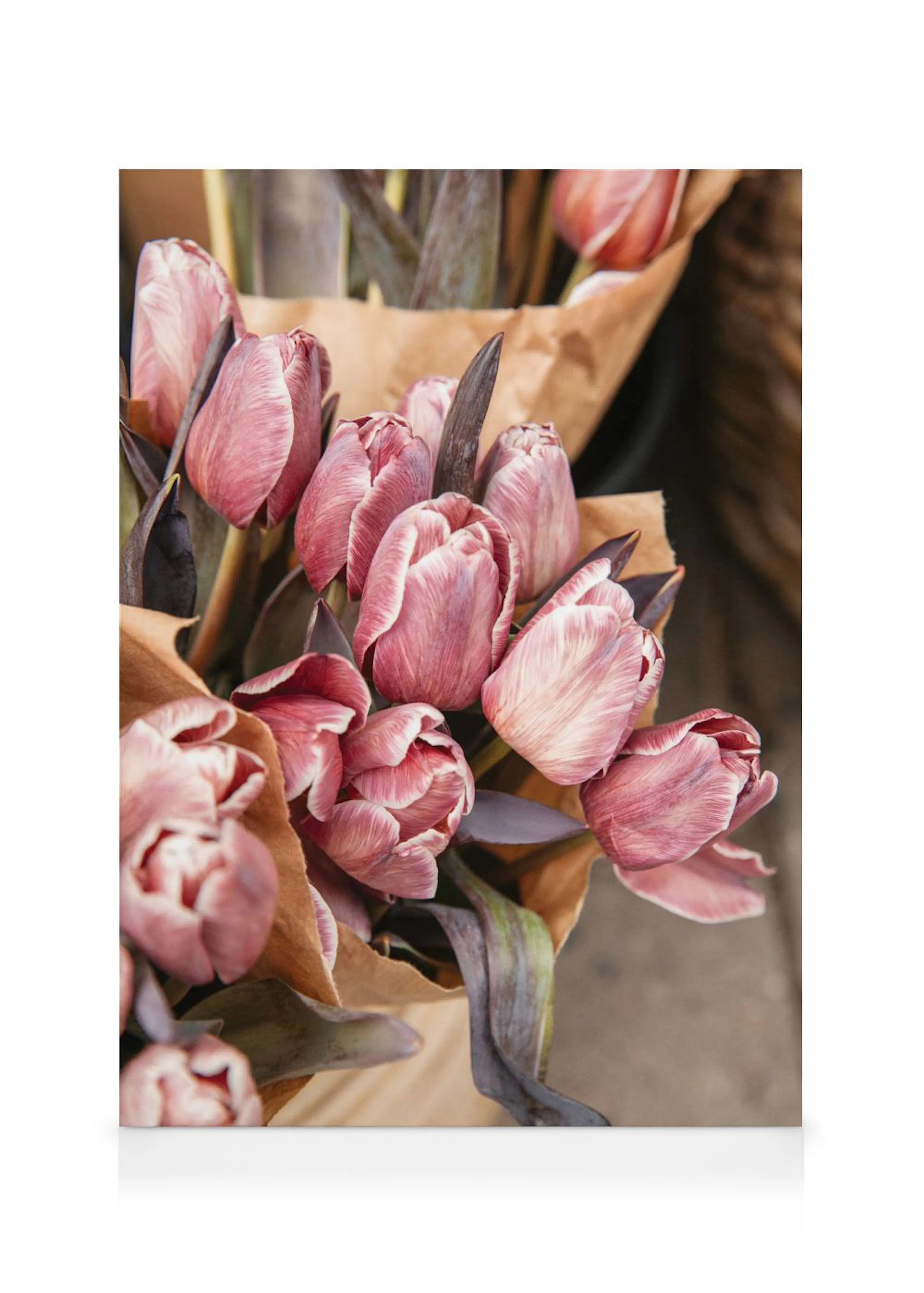 Een canvas met een boeket bleekroze tulpen met donkere stengels en bladeren, verpakt in bruin papier.