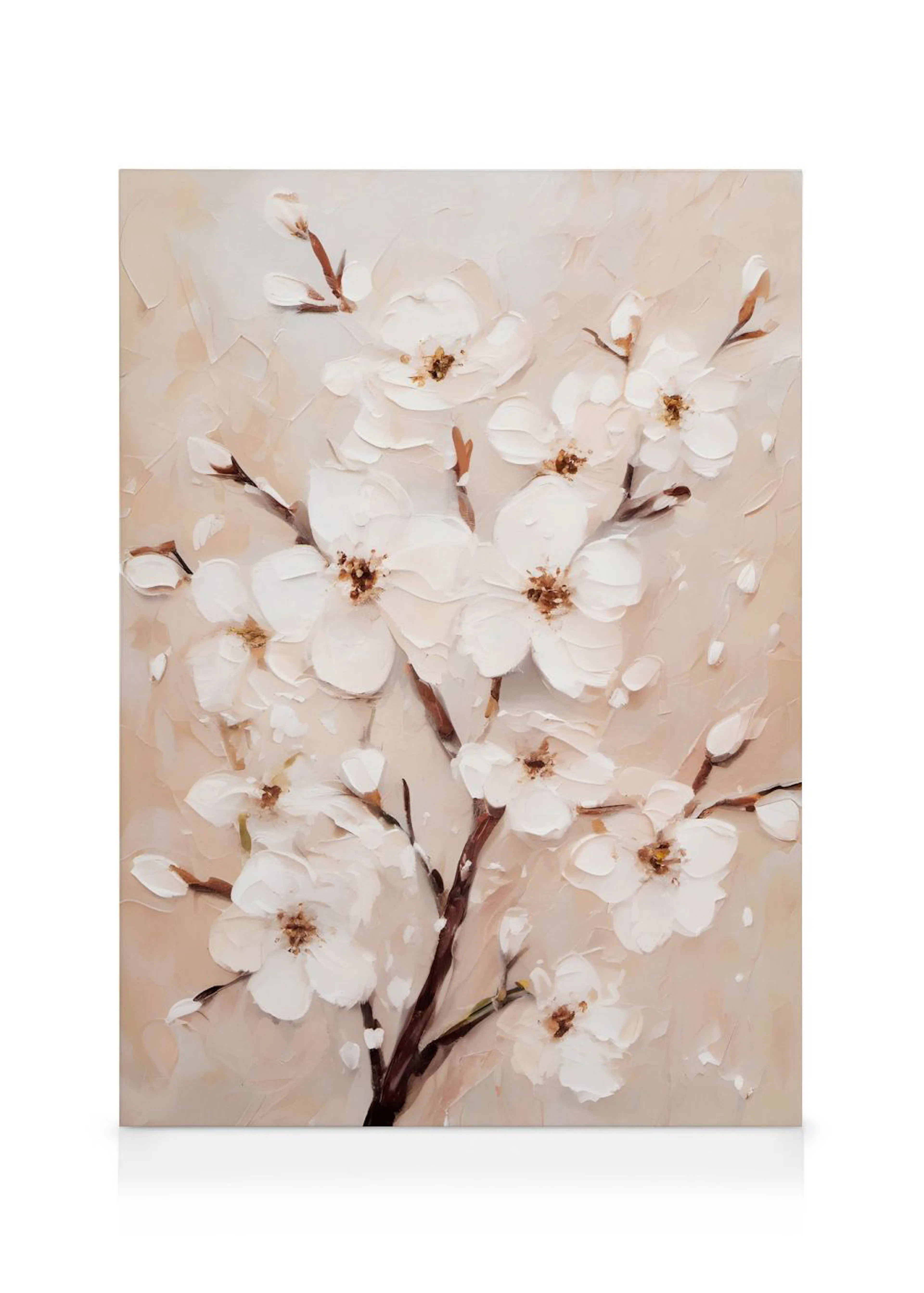 Toile murale décorative représentant des fleurs de cerisier blanches texturées avec des branches marron sur un fond beige.