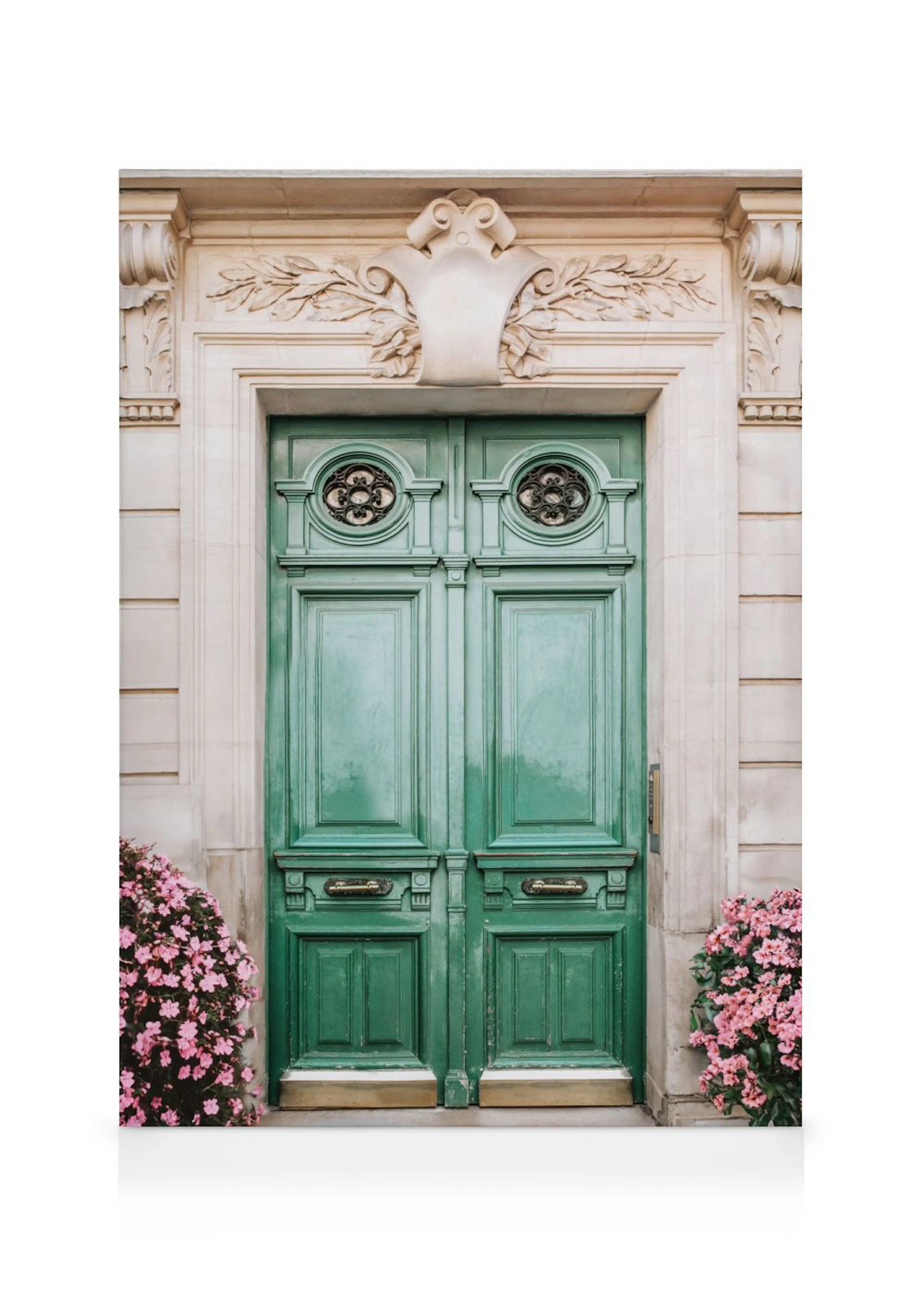 A detailed canvas of a teal green double door with ornate black grilles and brass handles, framed by light stone archway and pin