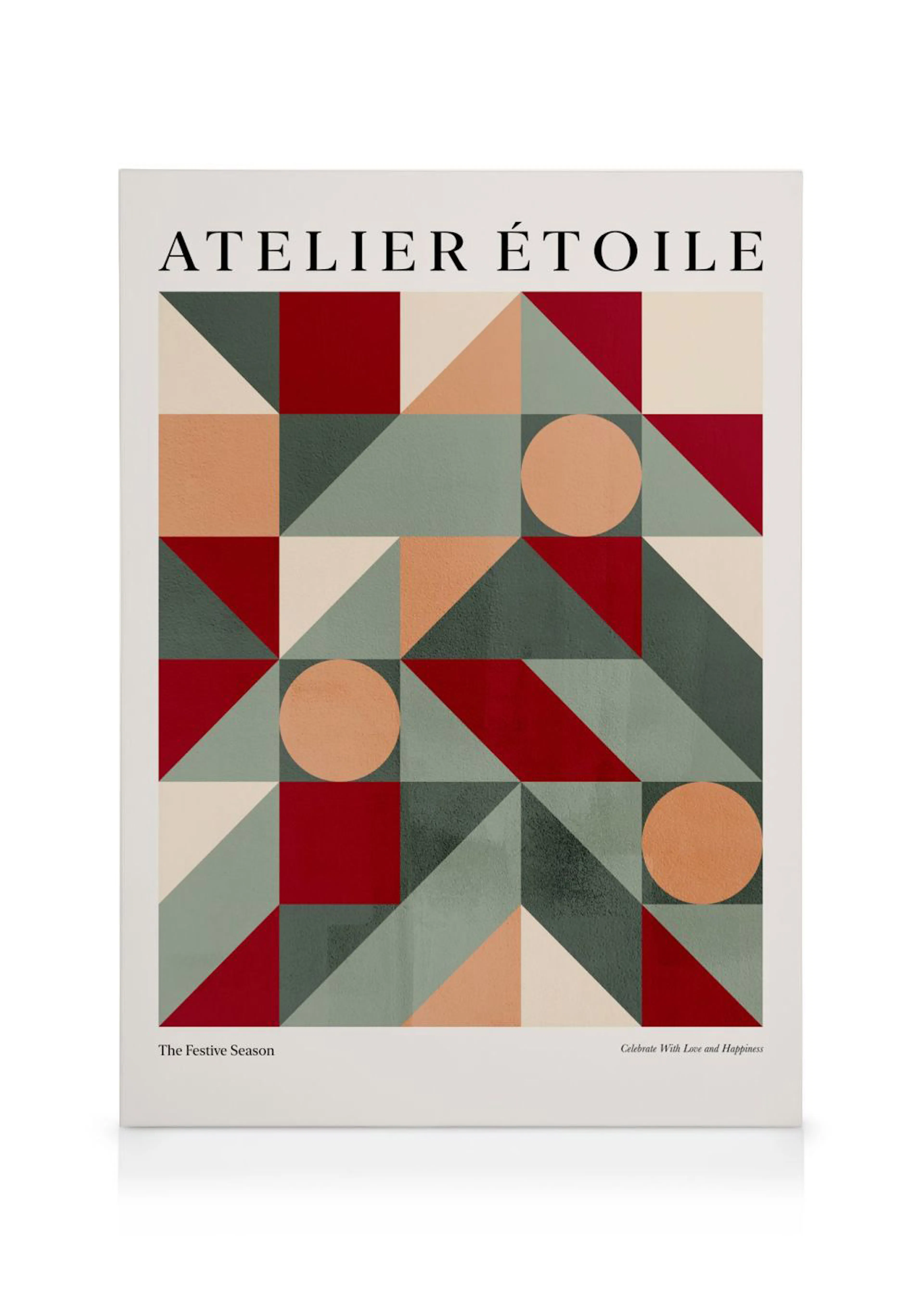 Toile Atelier Étoile avec motif géométrique de carrés, triangles et cercles en rouge, vert, beige et blanc.