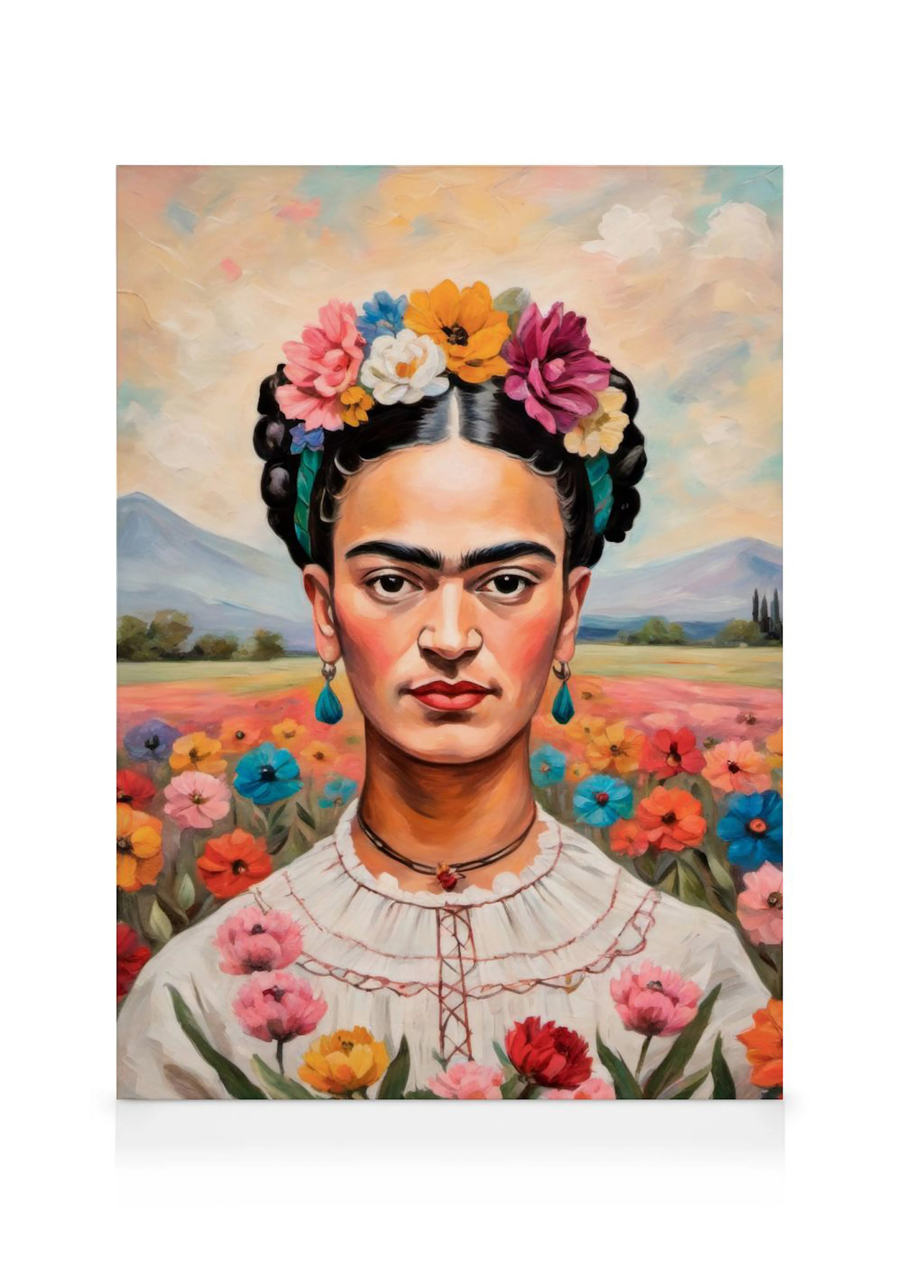 Frida Kahlo -aiheinen kanvaasi, jossa taiteilija on kuvattu kukkaseppele päässään ja kukkivan niityn edessä.