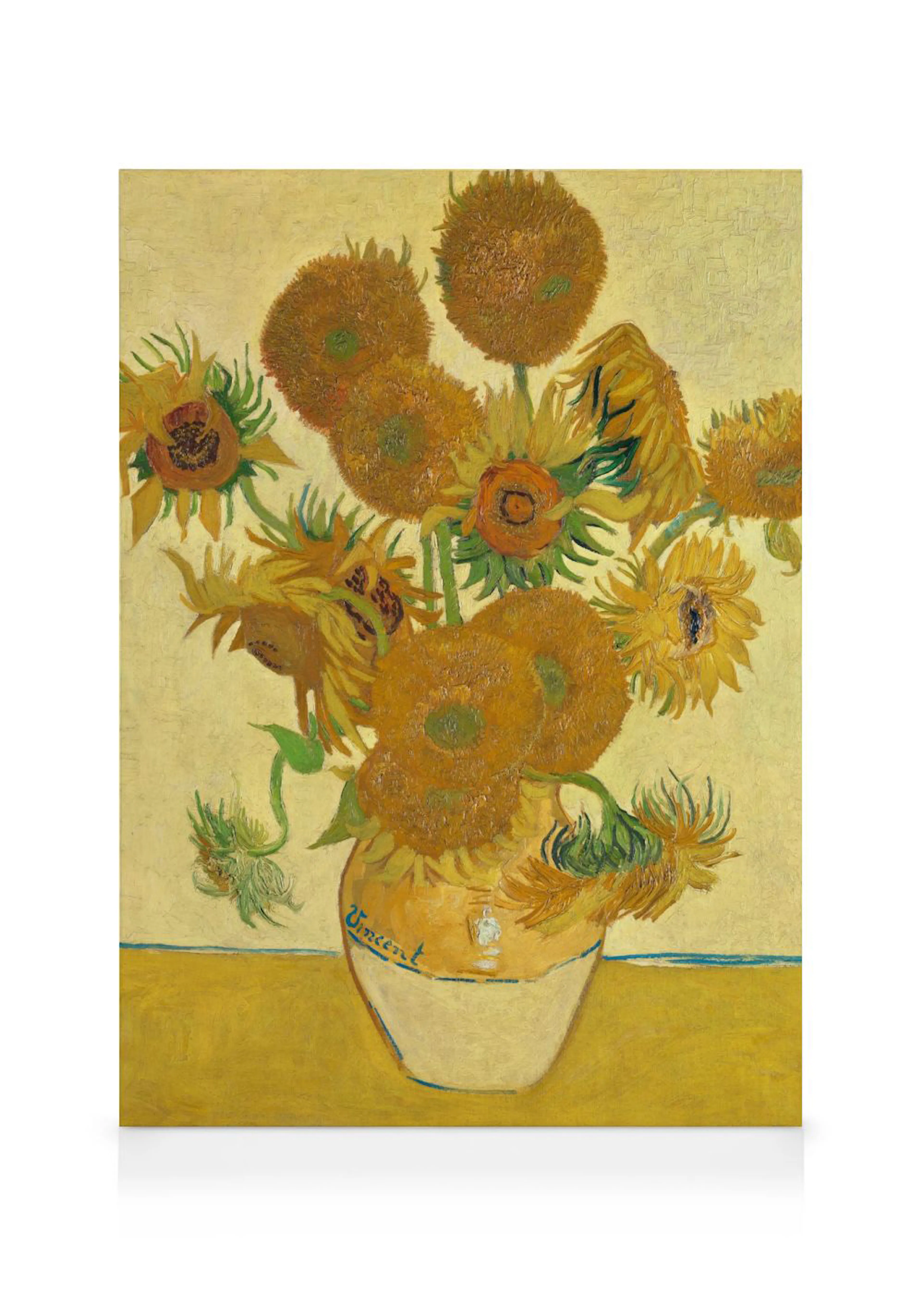 Et lerretsbilde av Van Goghs Solsikker, en vase fylt med gule og oransje solsikker mot en gul bakgrunn.