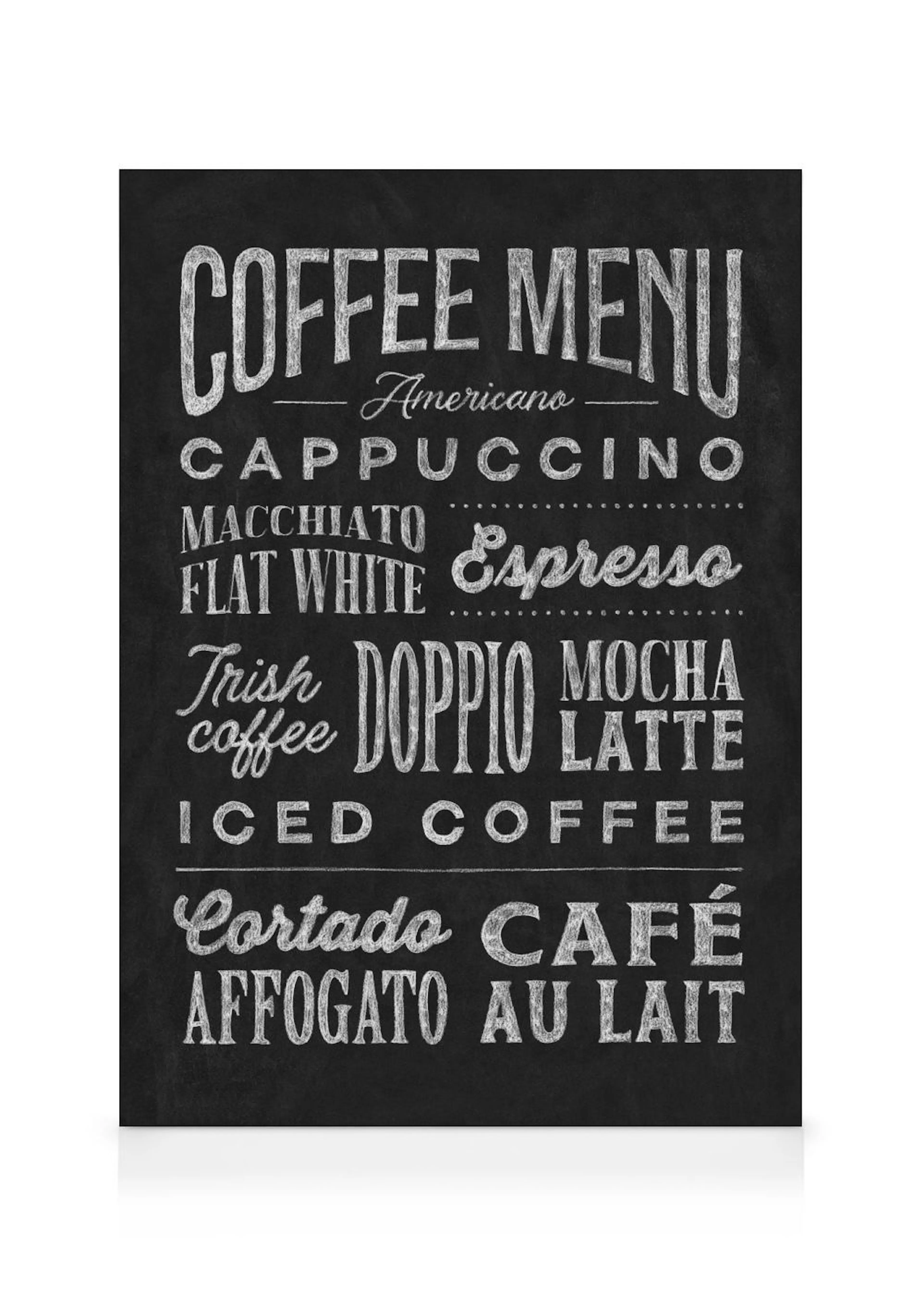 Leinwandbild mit einer Kaffeemenü-Tafel im Kreide-Design auf schwarzem Hintergrund.