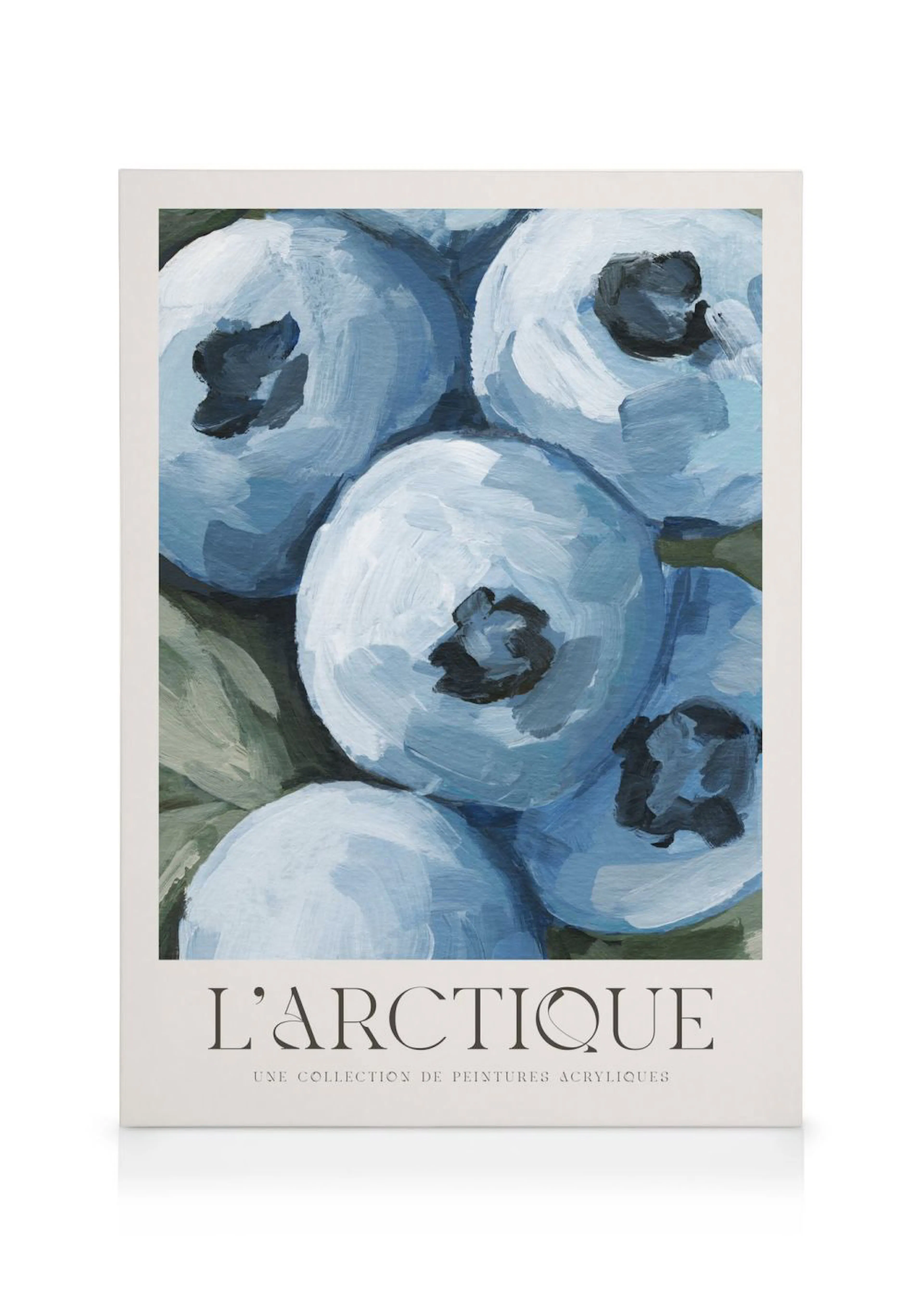 Toile LArctique avec une illustration de bleuets aux teintes bleues et grises, sur fond blanc et vert foncé.