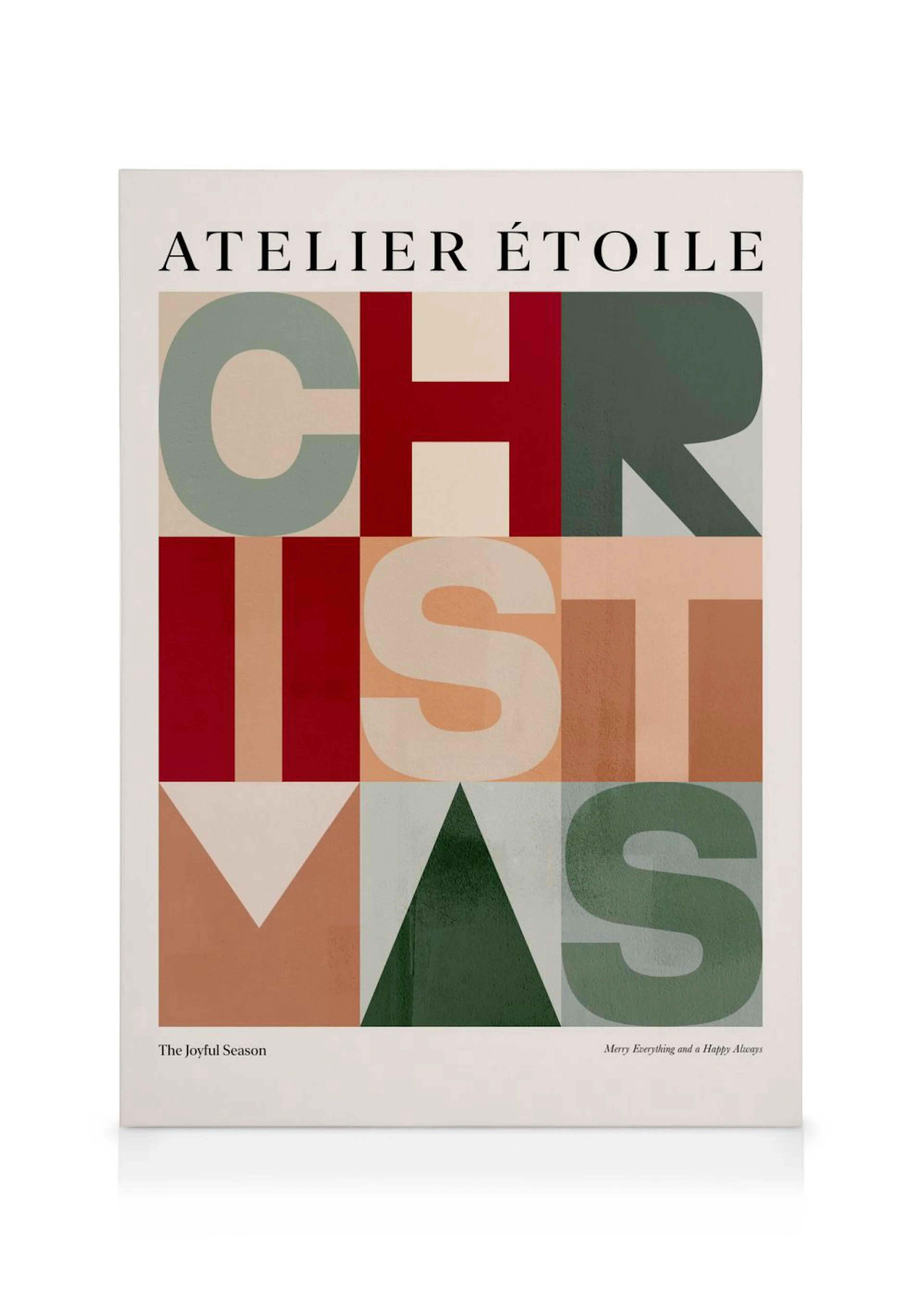 Toile murale de Noël avec le mot CHRISTMAS en lettres majuscules colorées et formes géométriques.