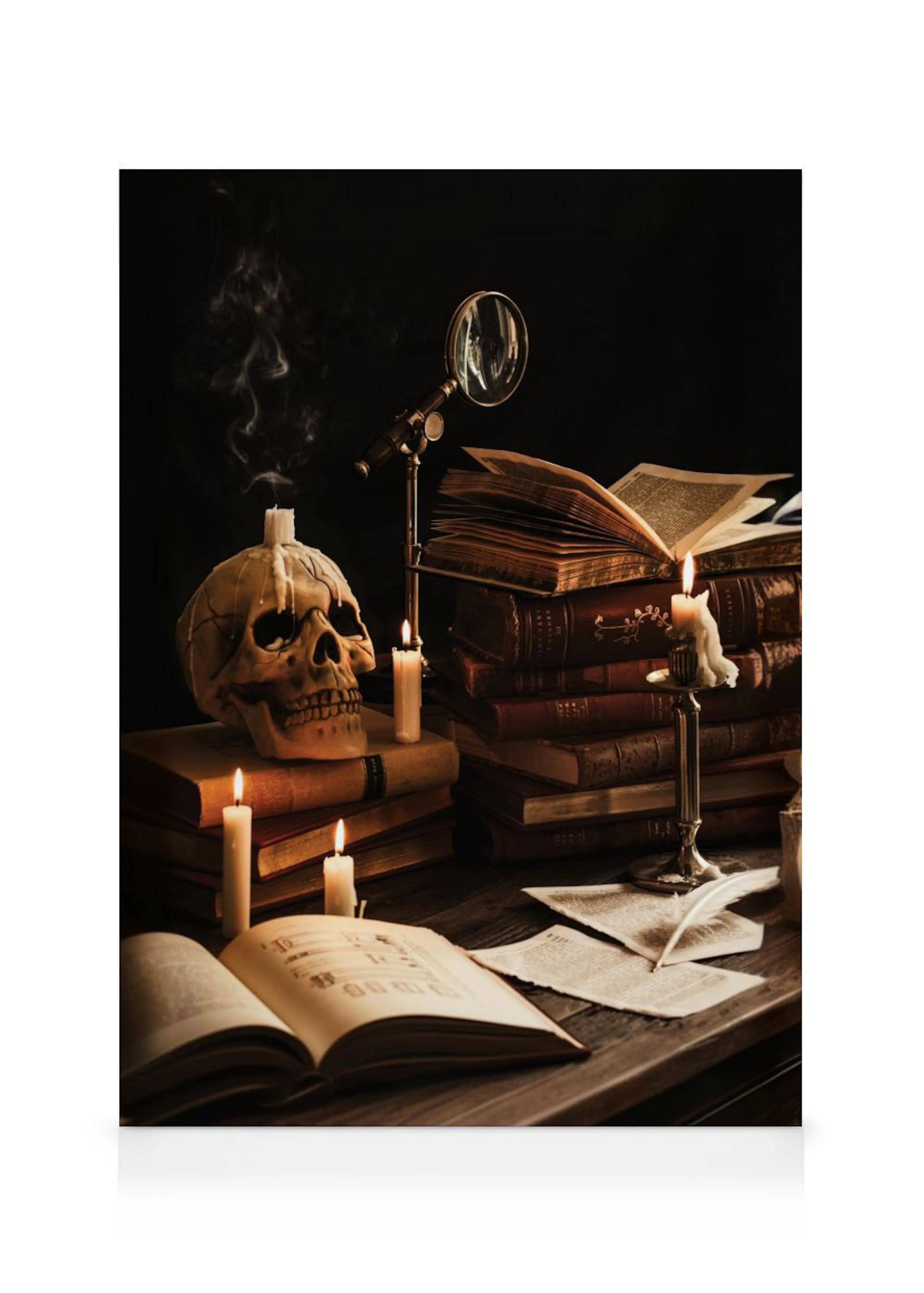 A dark academia themed canvas depicting a skull, old books, burning candles, and a magnifying glass on a wooden desk.