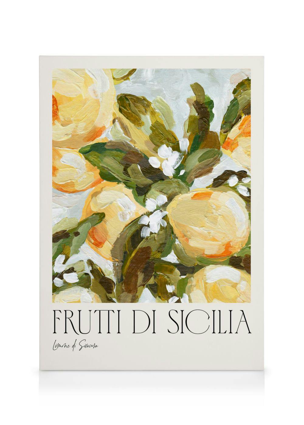 Toile Frutti di Sicilia avec des citrons jaunes texturés, des feuilles vertes et des fleurs blanches.