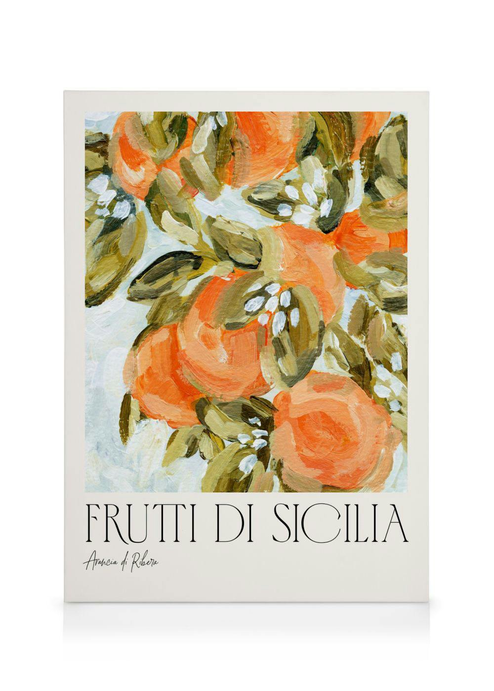 A colorful canvas featuring an impressionistic painting of orange fruit and green leaves, with Italian text below.