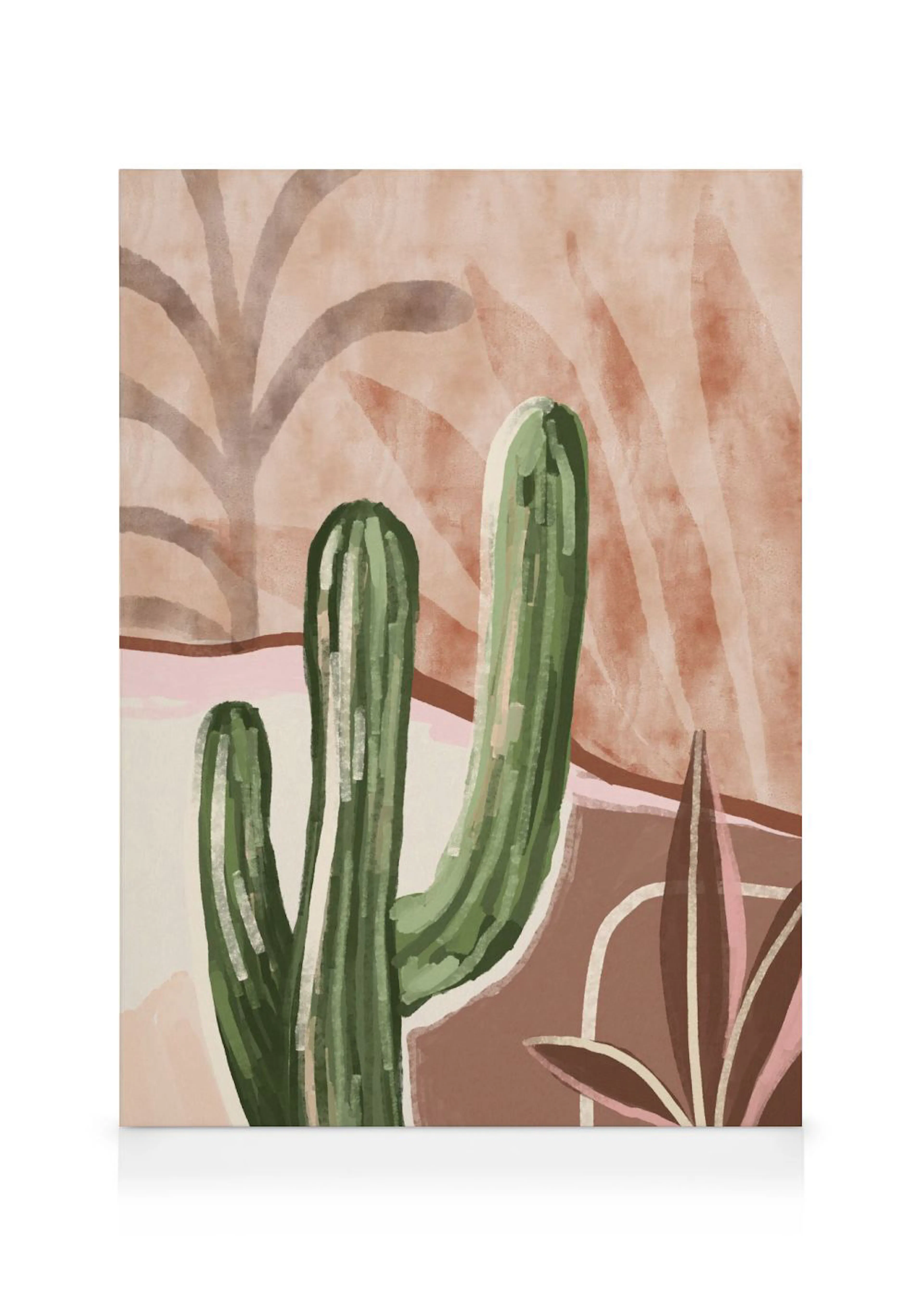 Un lienzo con una ilustración abstracta de cactus verde y plantas en tonos tierra y rosa.