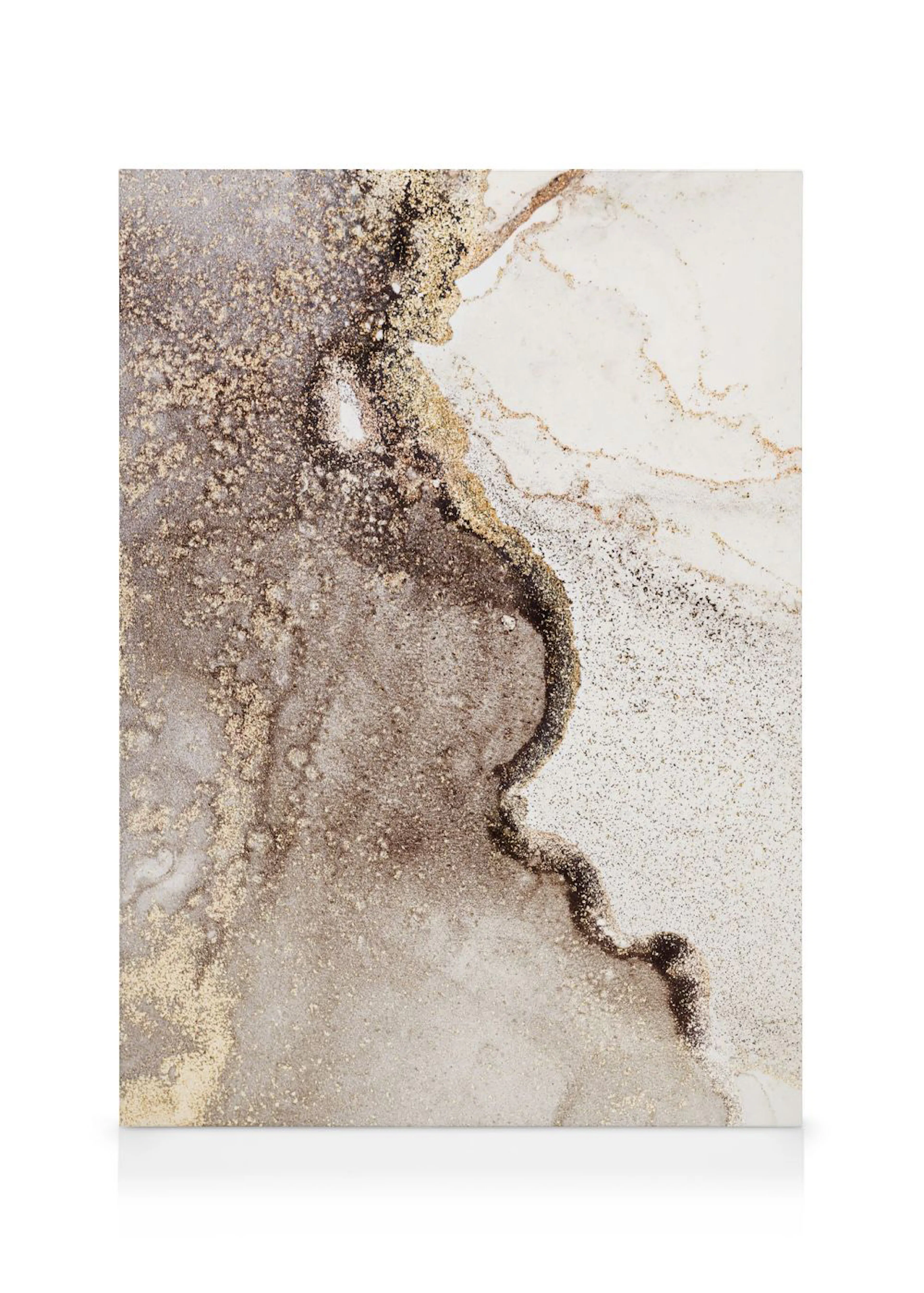 Lerretsbilde med flytende design i gull, beige, brun og hvit, som ligner marmor eller mineraler.