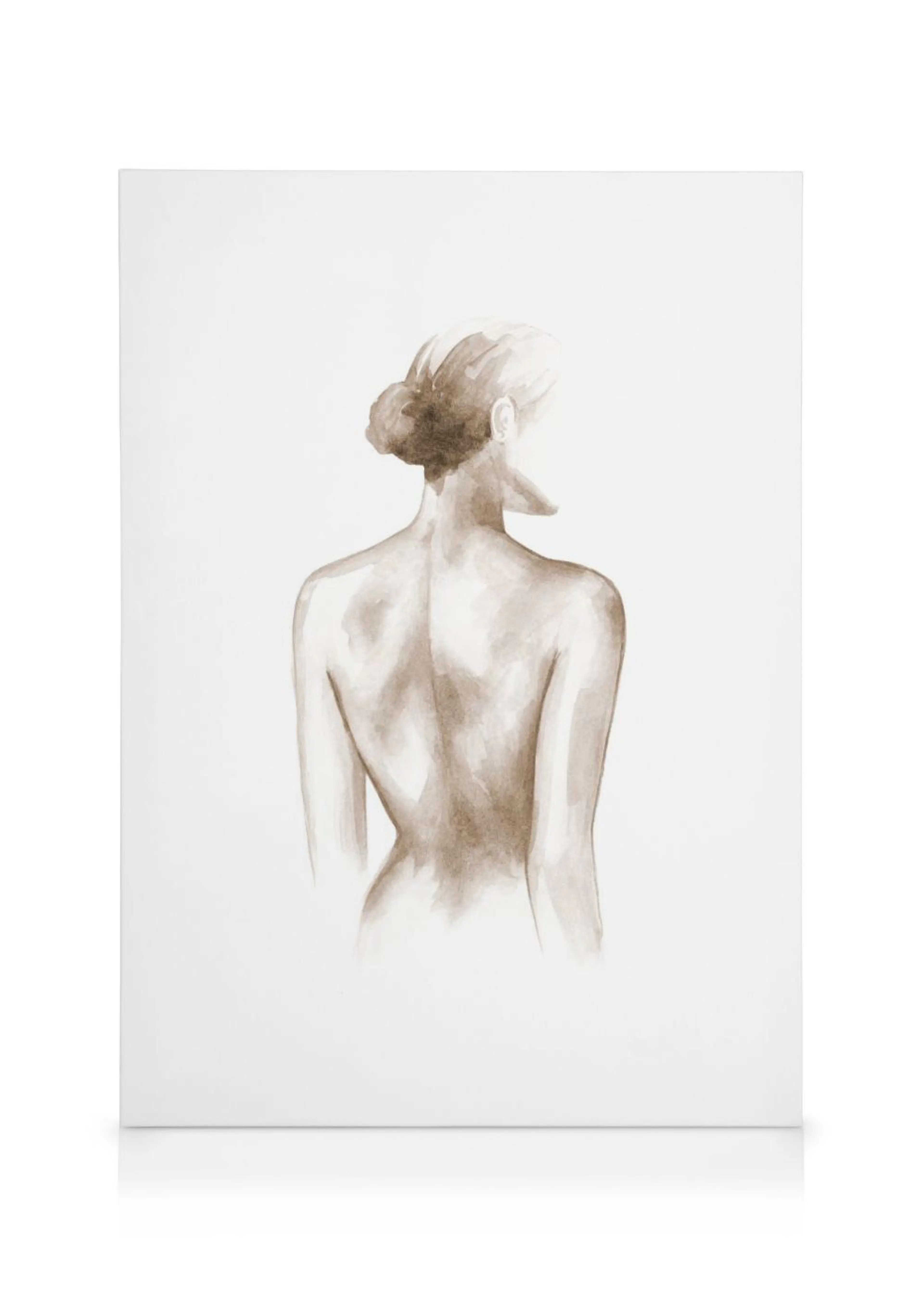 A canvas featuring a watercolor painting of a womans bare back and shoulders, with hair in a bun, in sepia tones.