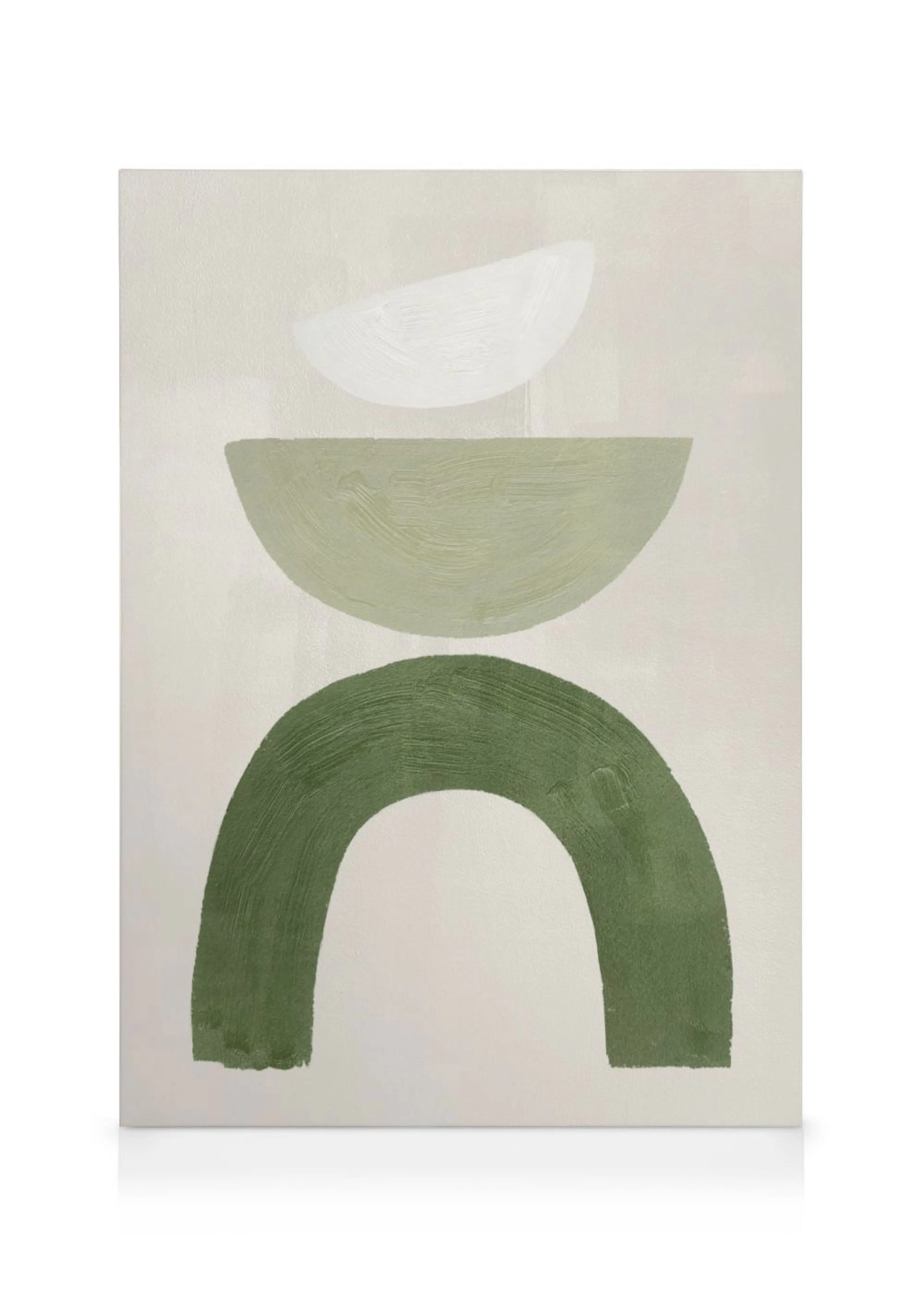 Lienzo con formas geométricas abstractas en tonos de verde oliva y blanco sobre fondo claro.