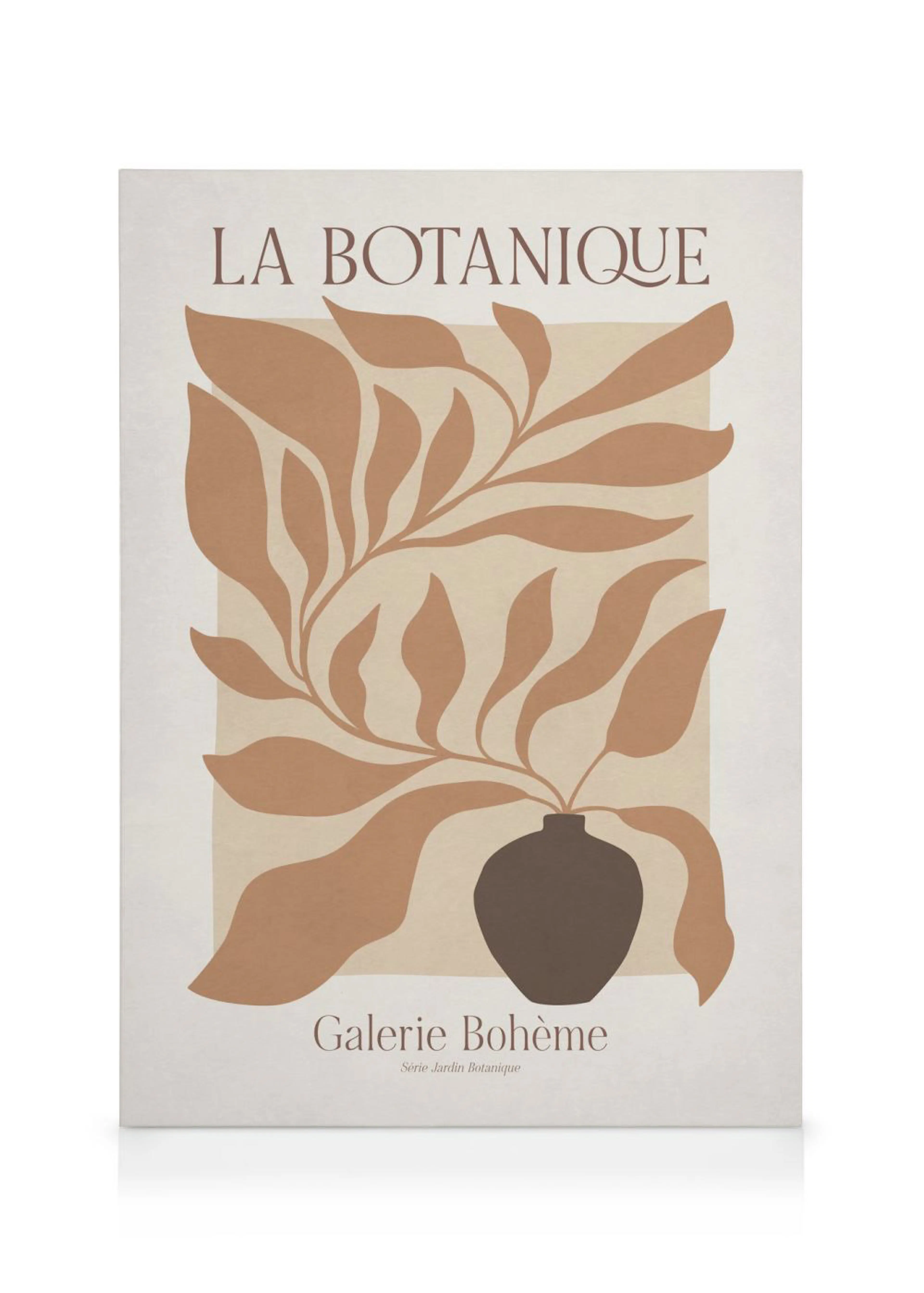 A canvas featuring a botanical illustration with tan leaves in a dark brown vase against a light background.