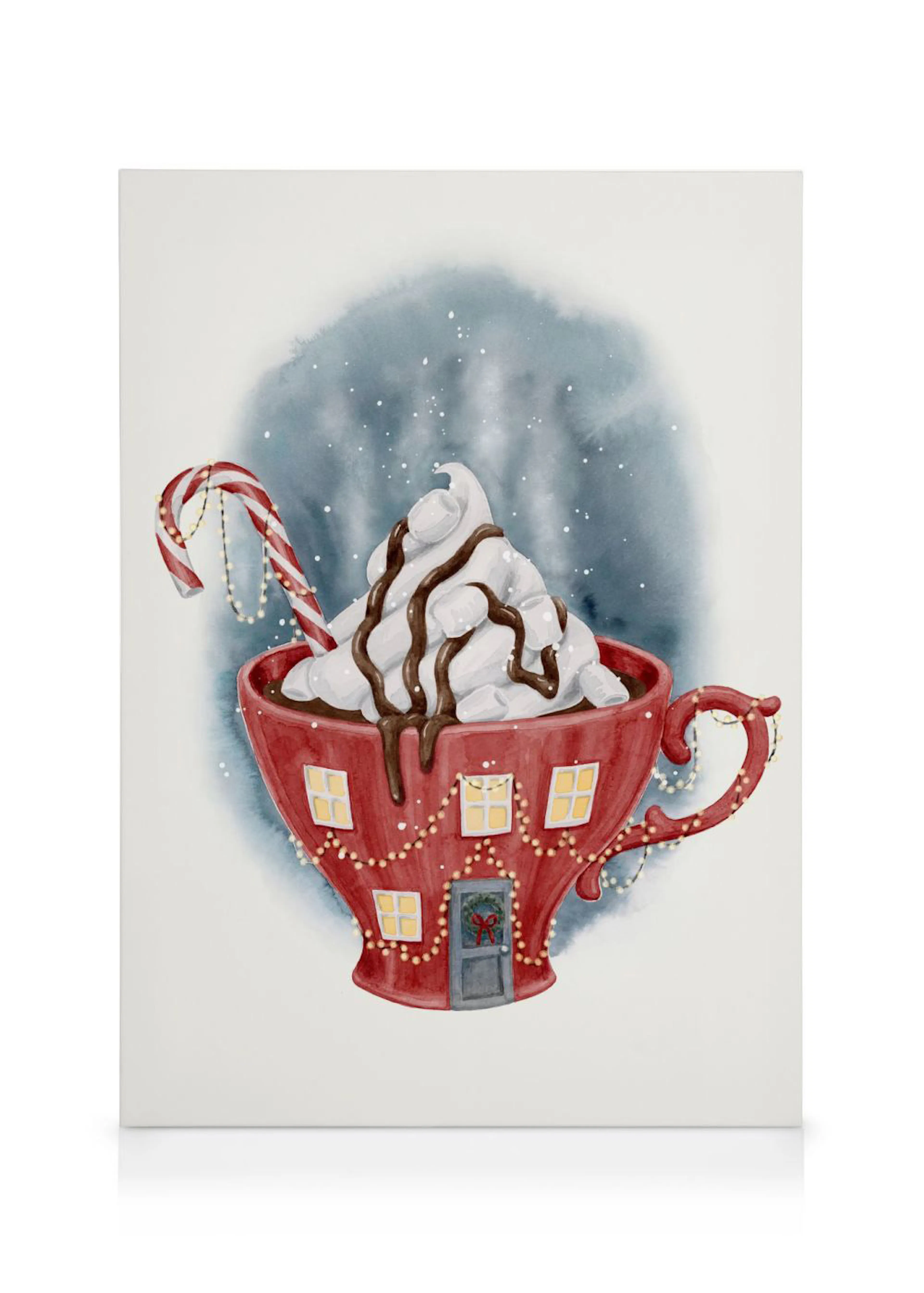A festive canvas featuring a red hot chocolate mug shaped like a house, topped with whipped cream, chocolate drizzle, and a cand