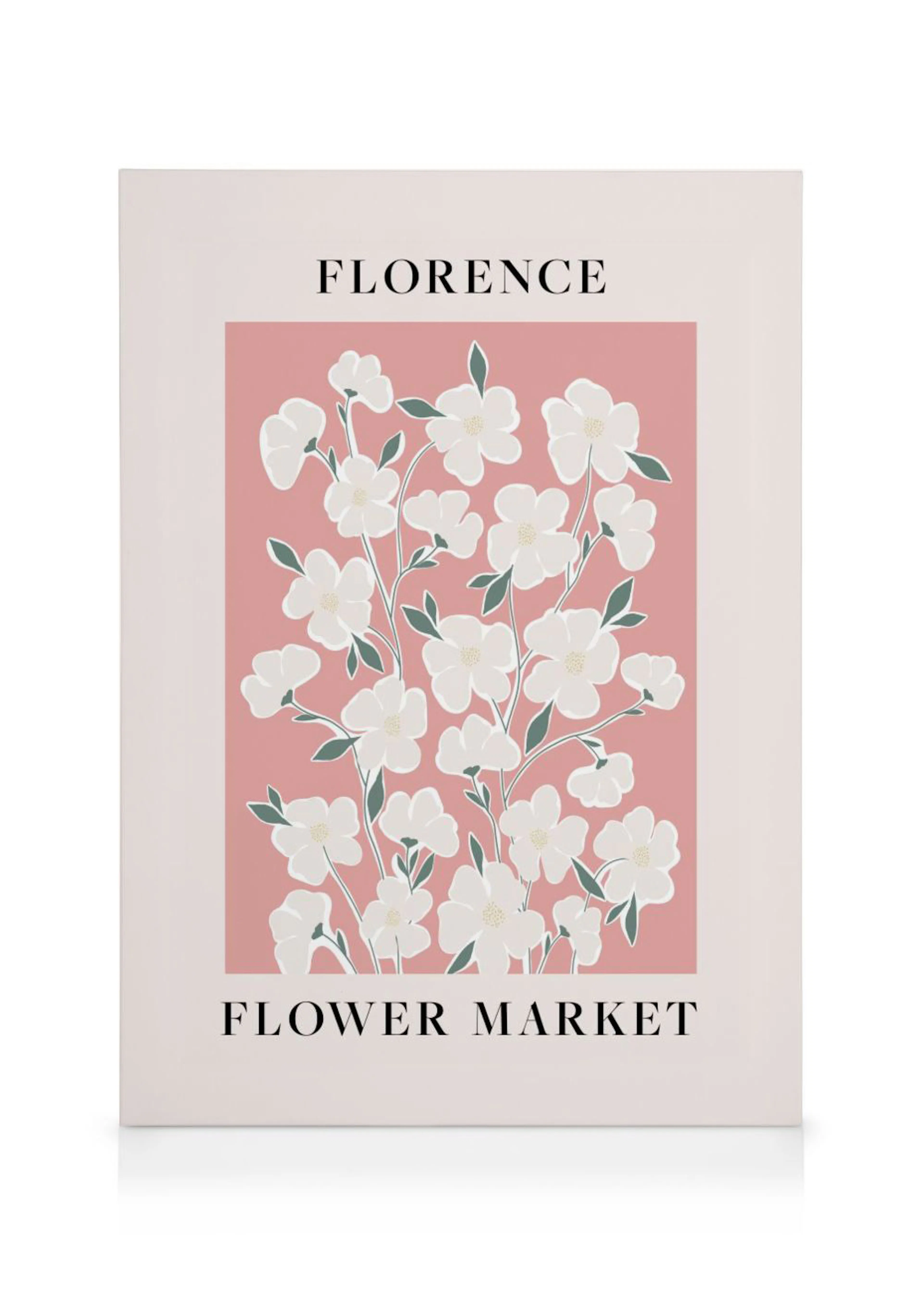 En canvastavla med en illustration av vita blommor med gröna blad på rosa bakgrund och texten Florence Flower Market.
