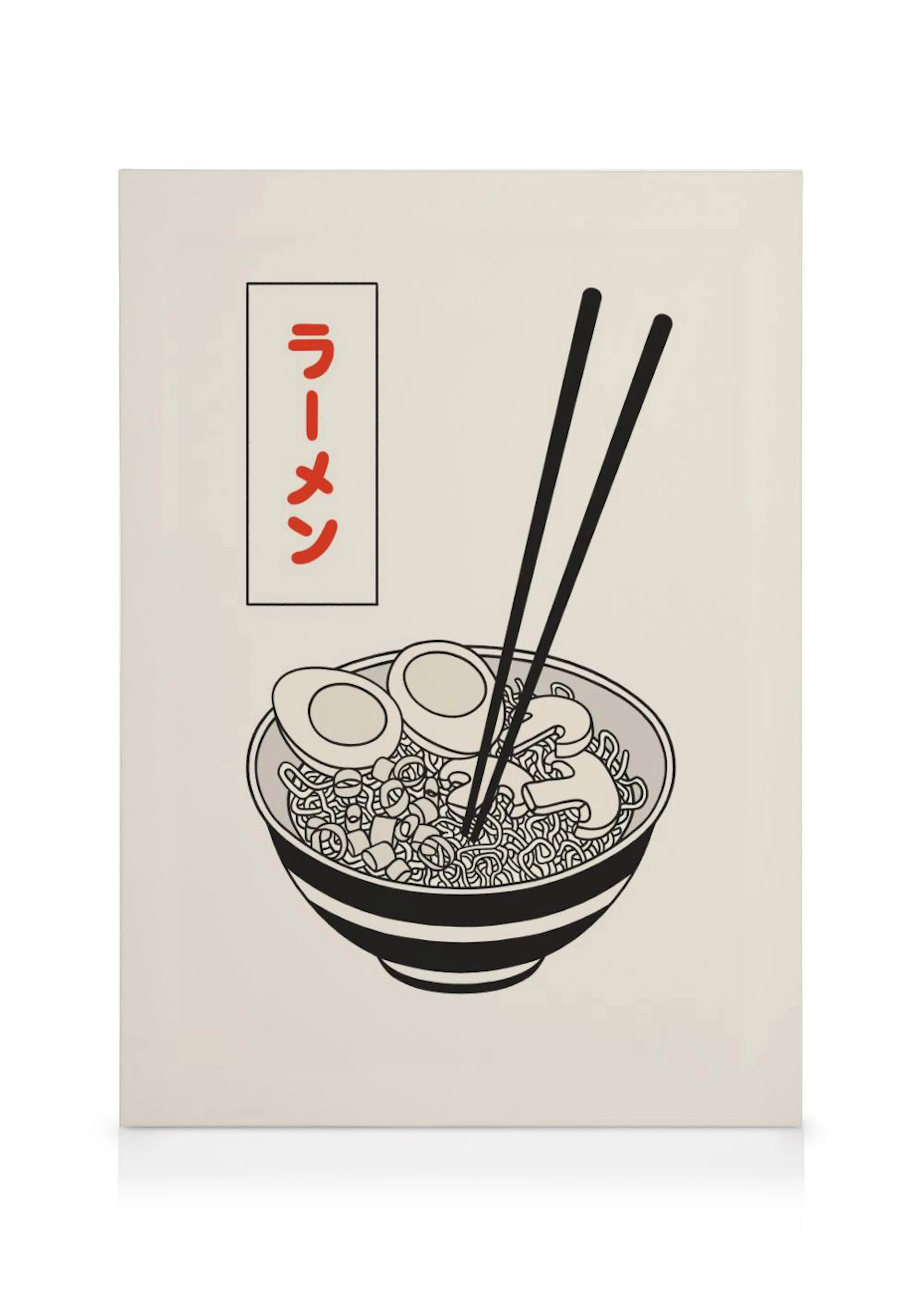 A canvas featuring a black and white line art illustration of a ramen bowl with chopsticks, eggs, and mushrooms, with Japanese t