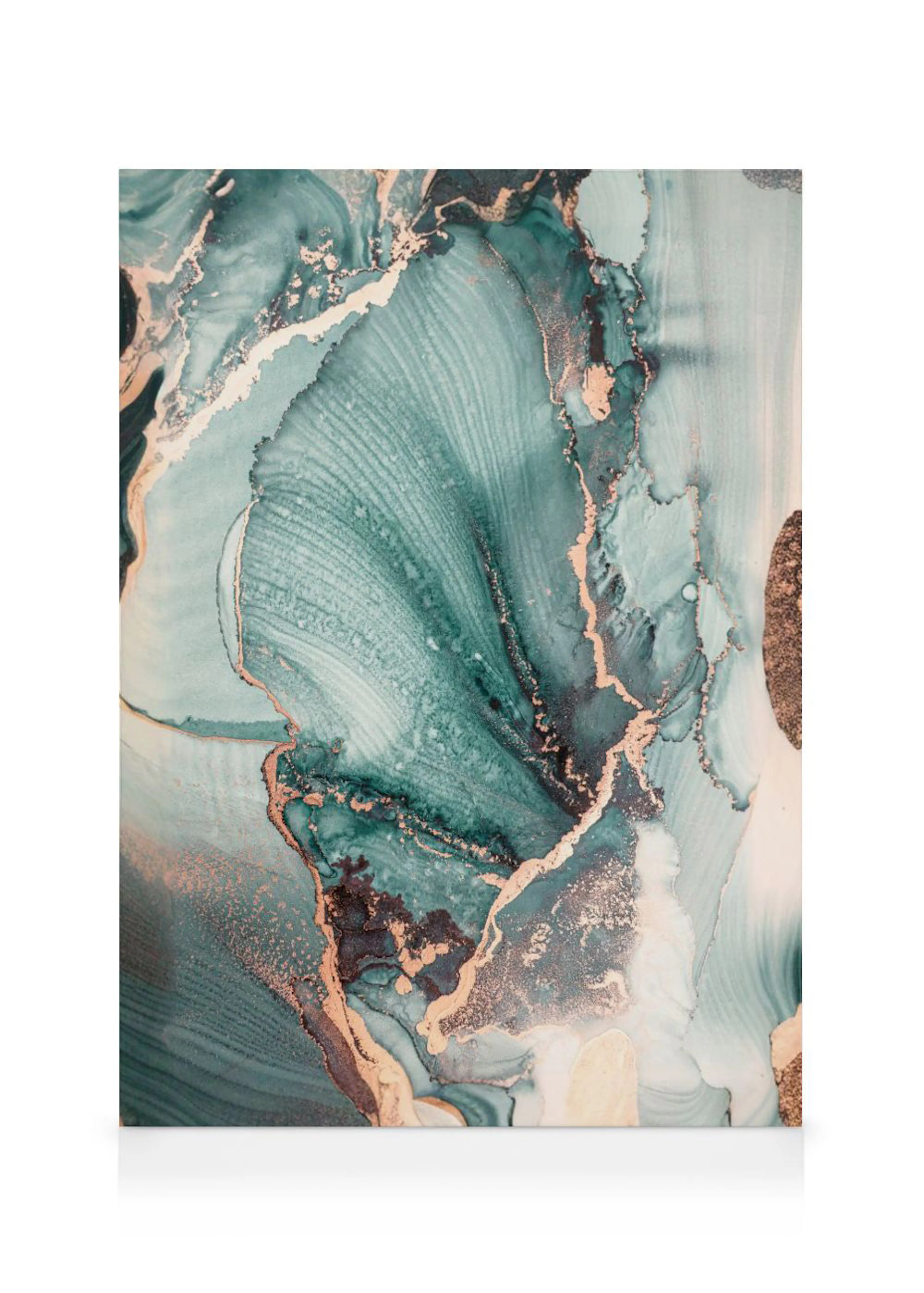 A canvas showcasing an abstract fluid art design with swirling teal, green, black, and rose gold flowing patterns.