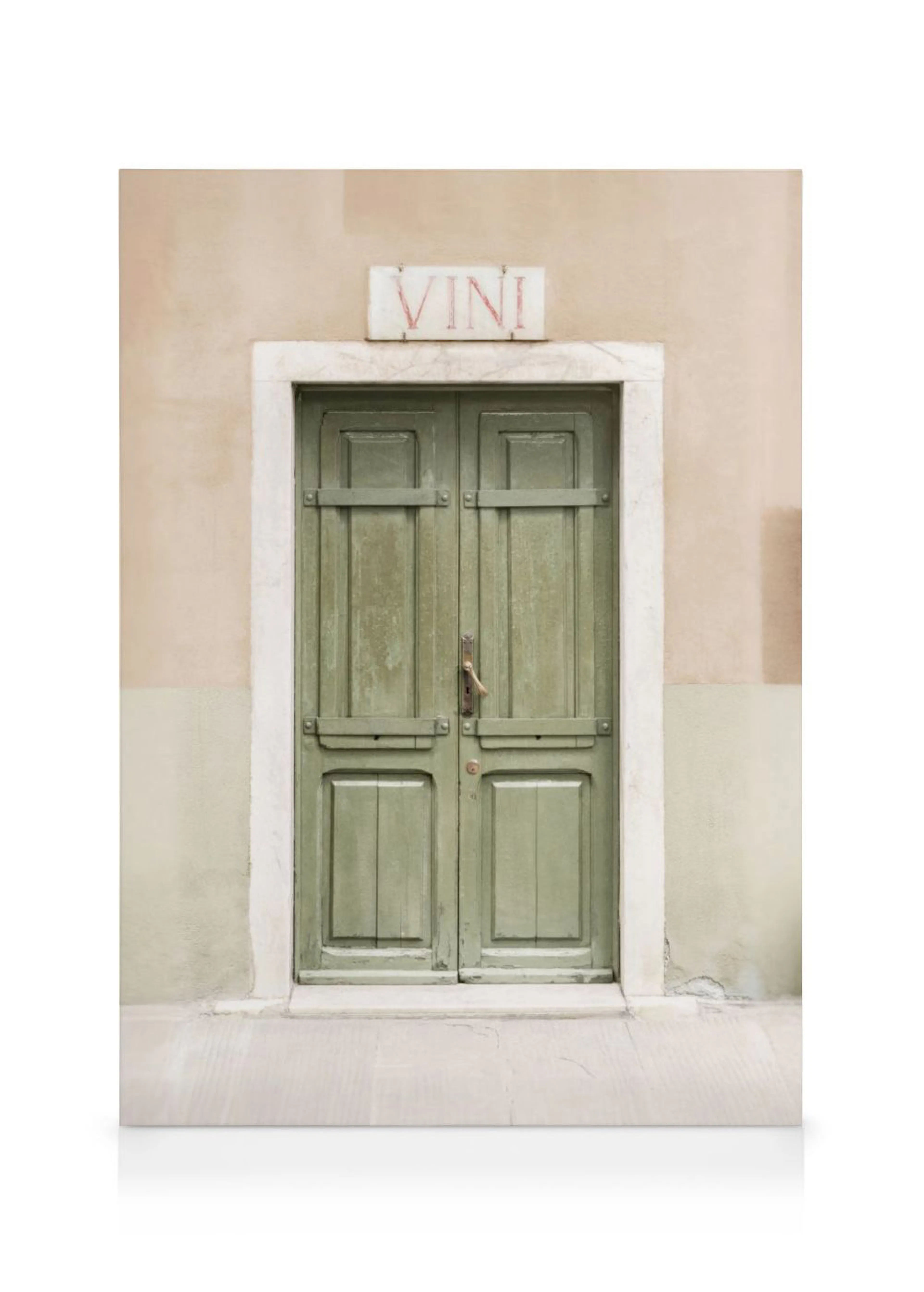 A rustic green wooden door on a canvas print, set into a light-colored wall with a VINI sign above.