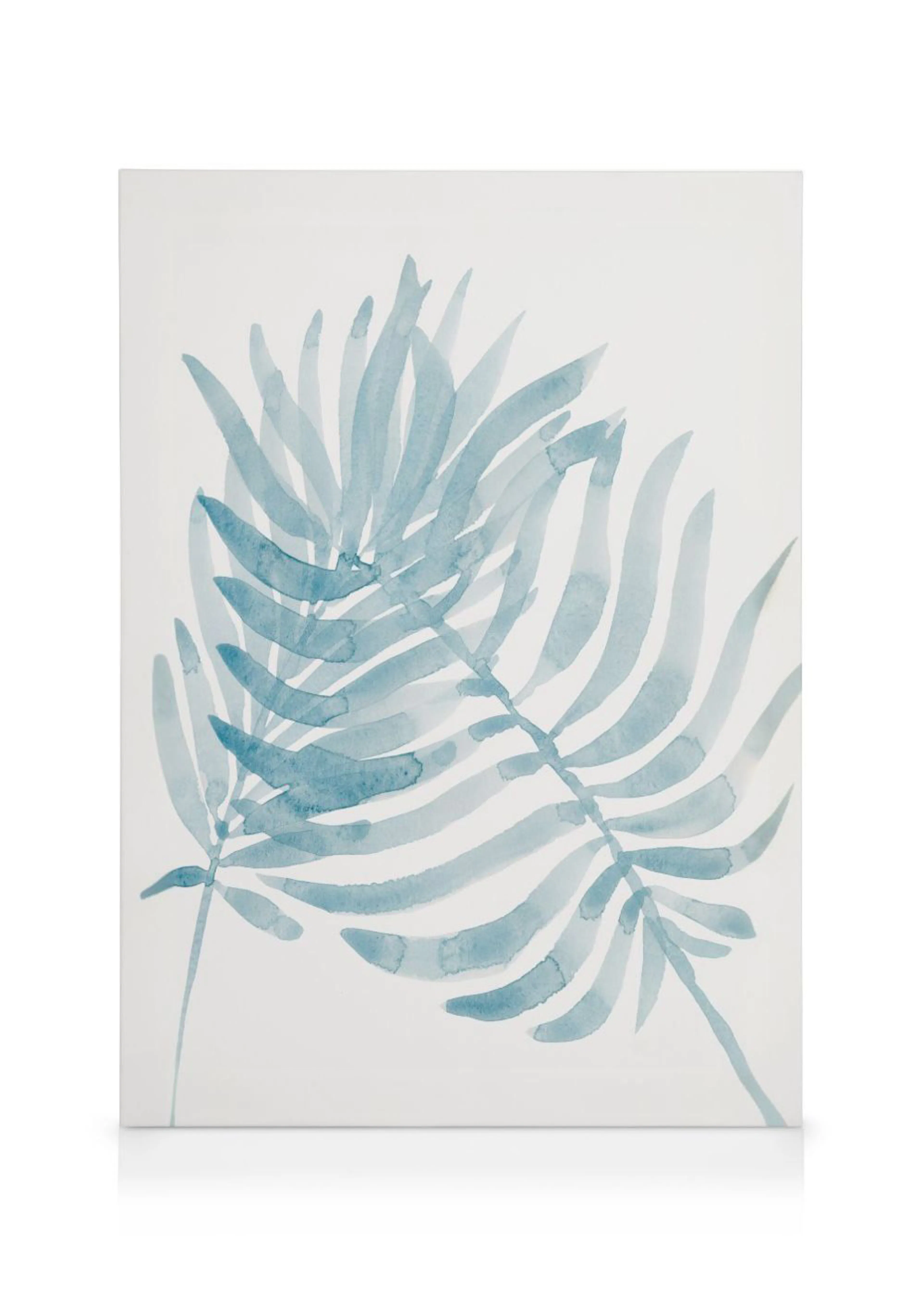 A canvas featuring two overlapping watercolor fern leaves in shades of teal and light blue on a white background.