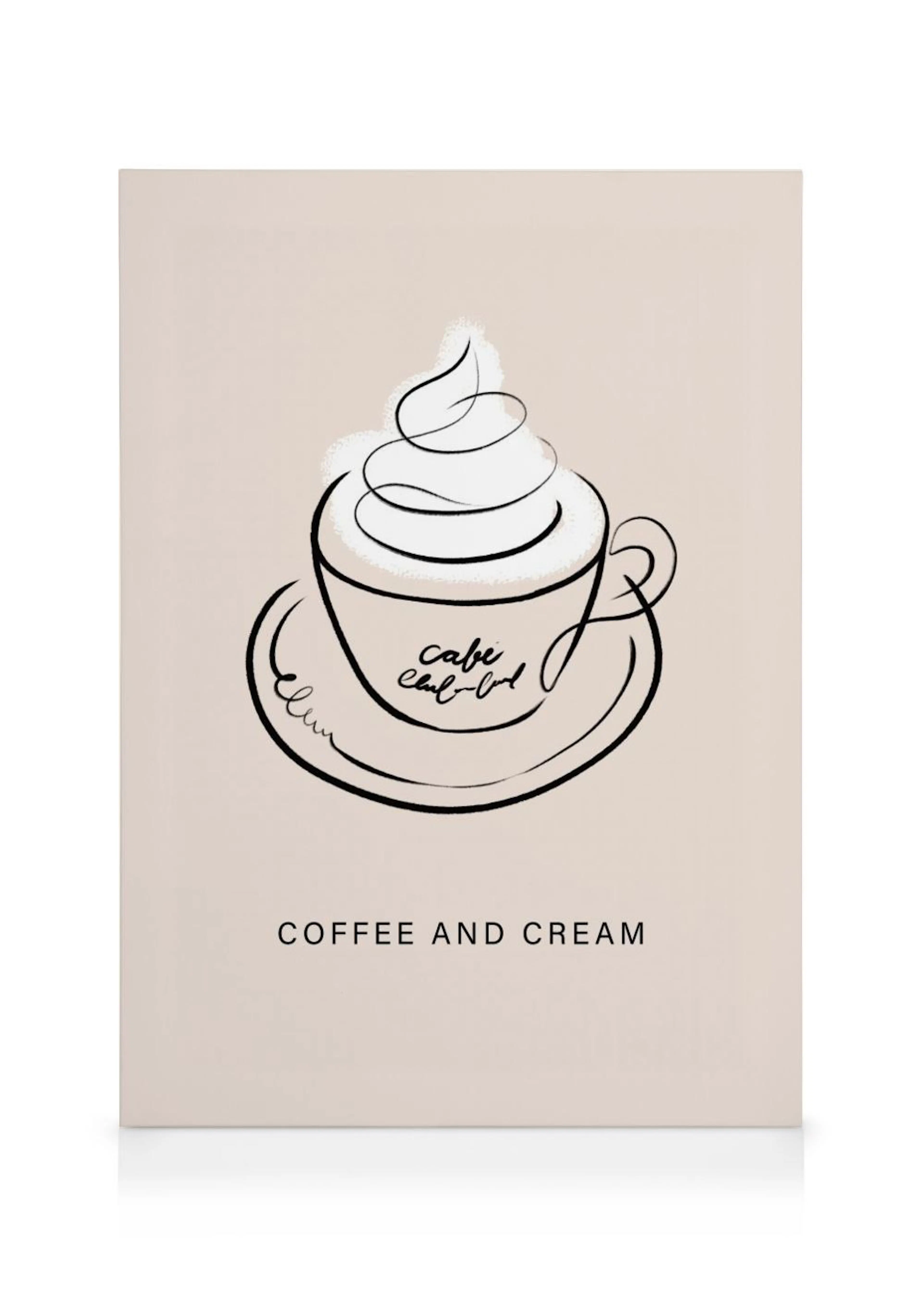 Lerretsbilde med en illustrasjon av en kaffekopp med krem, en signatur og teksten Coffee and Cream på en lys bakgrunn.