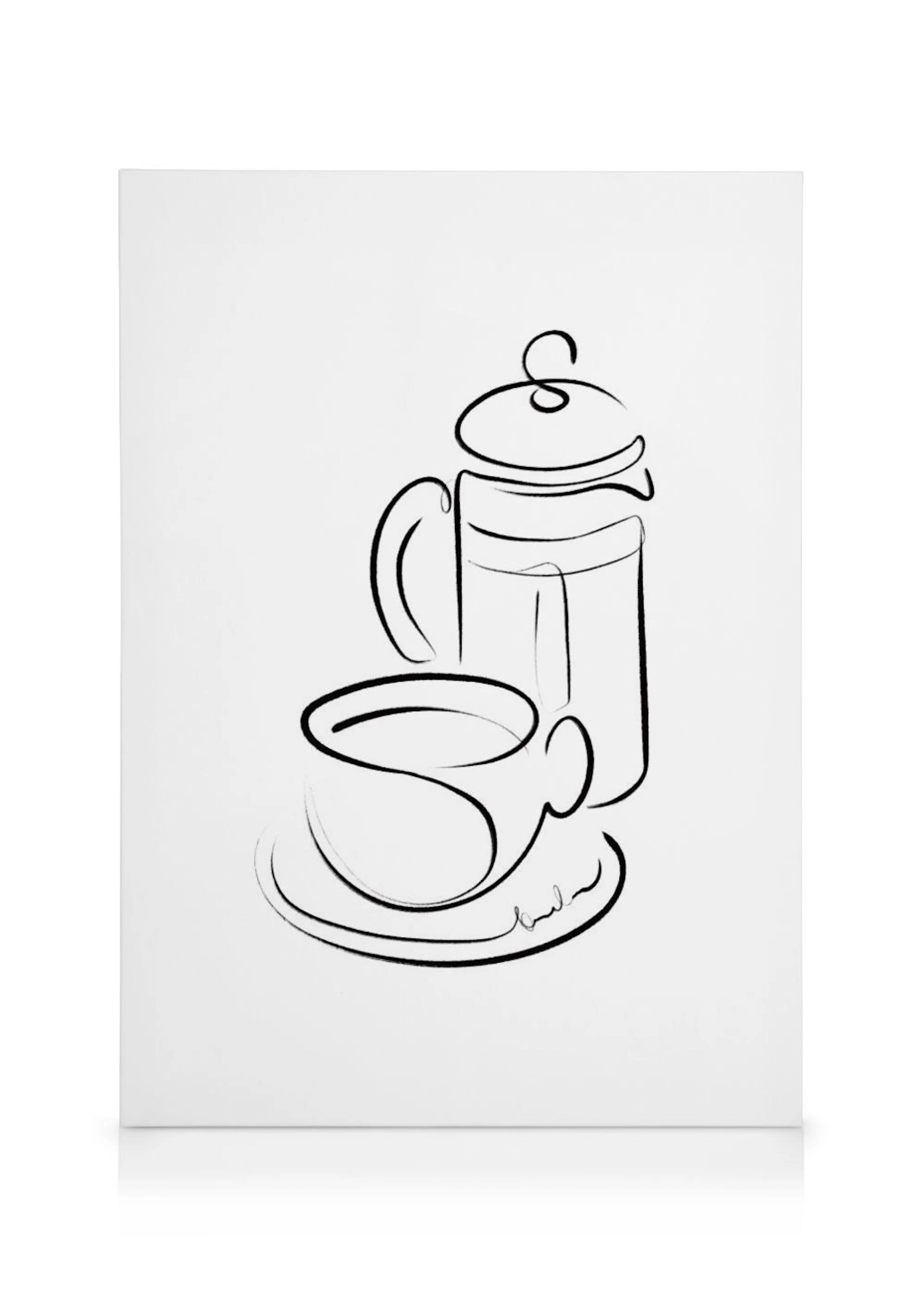 Toile illustrant une cafetière à piston et une tasse, dessinées en un seul trait noir sur fond blanc.