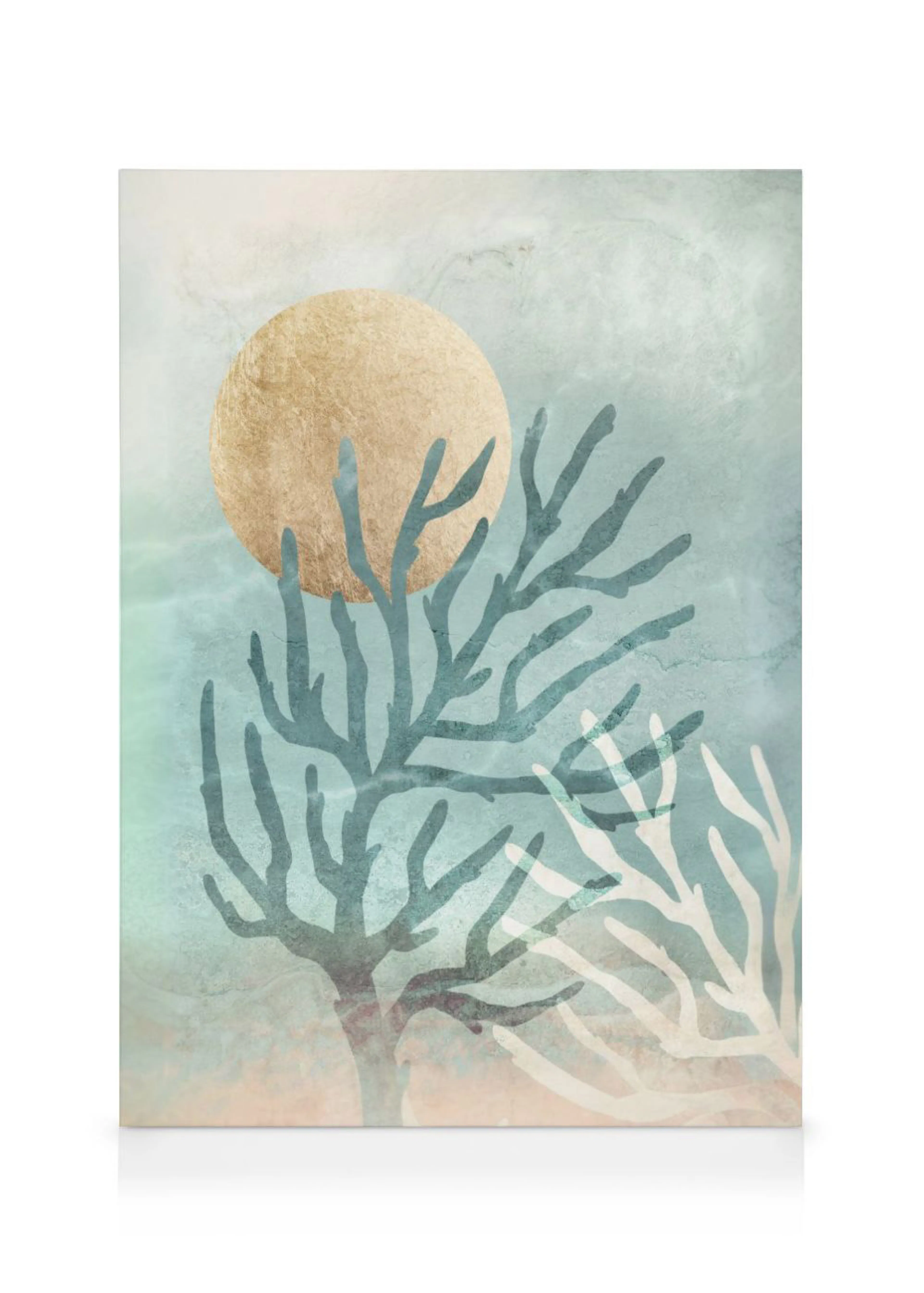Leinwandbild mit goldenem Mond und tealfarbenen Ästen auf einem hellblauen und beigen Hintergrund.