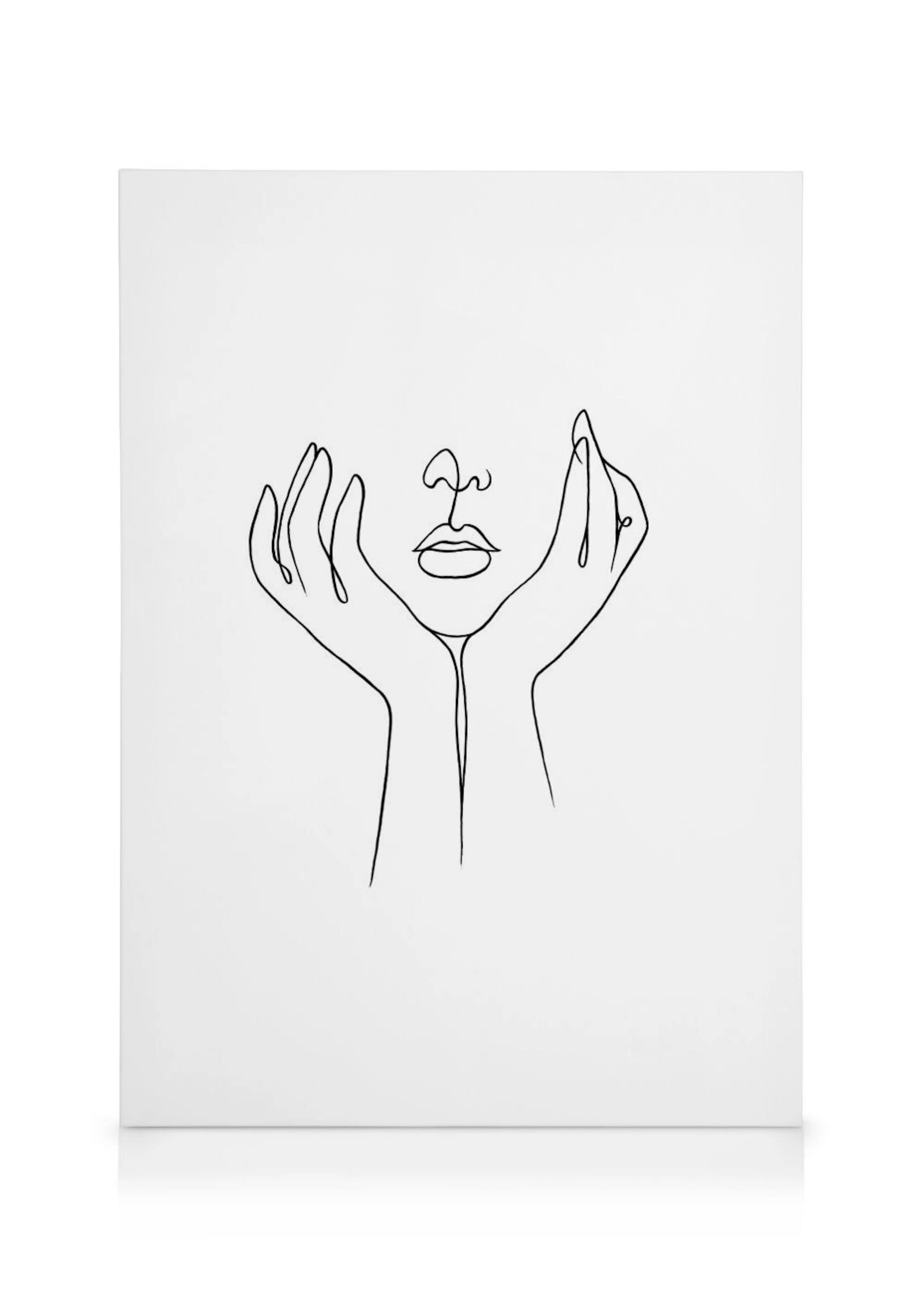 A canvas showing a minimalist outline drawing of a face resting on hands, rendered in black on a white background.