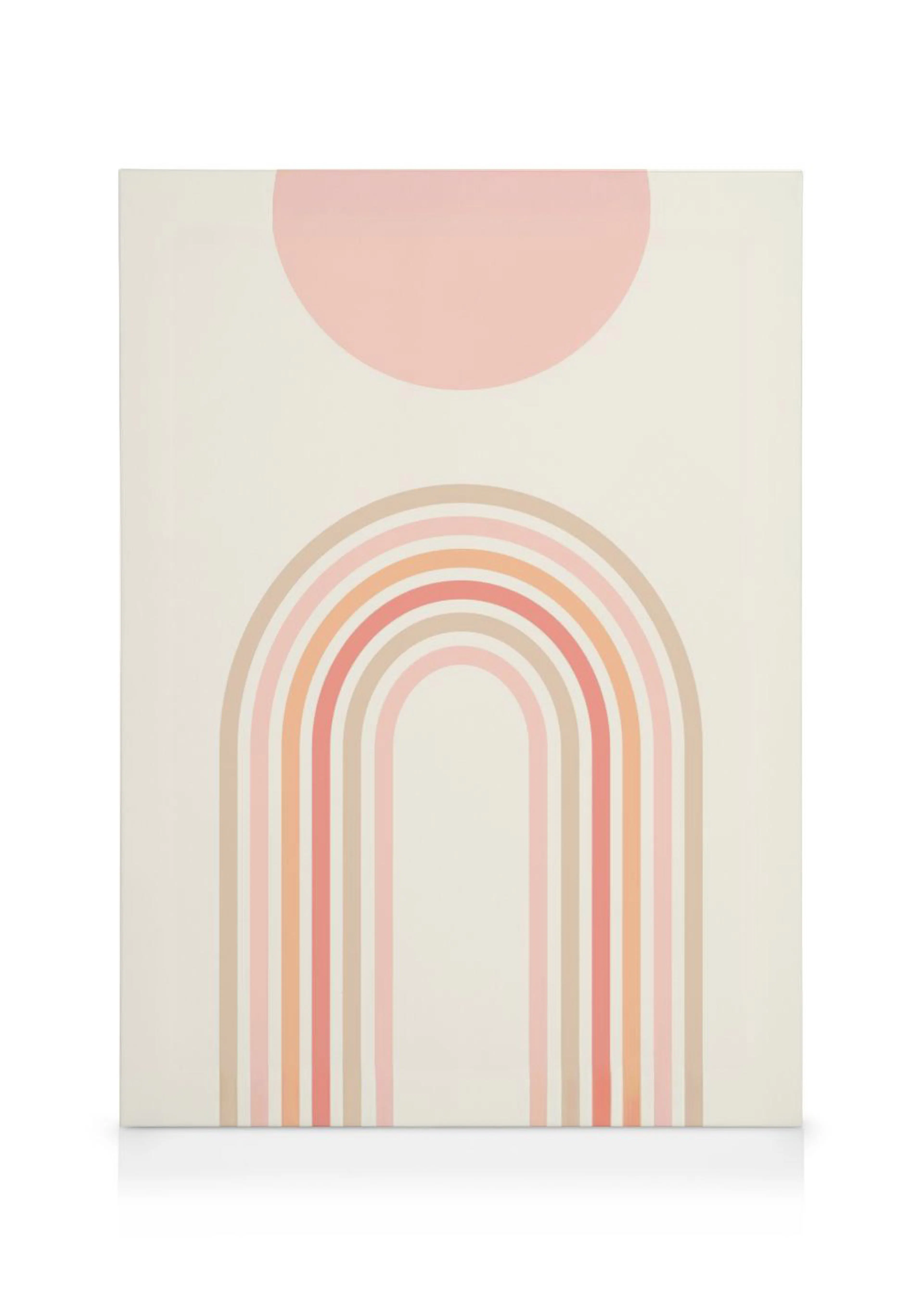 A canvas featuring a pink sun and a rainbow arch in warm blush, peach, and beige tones on a light background.