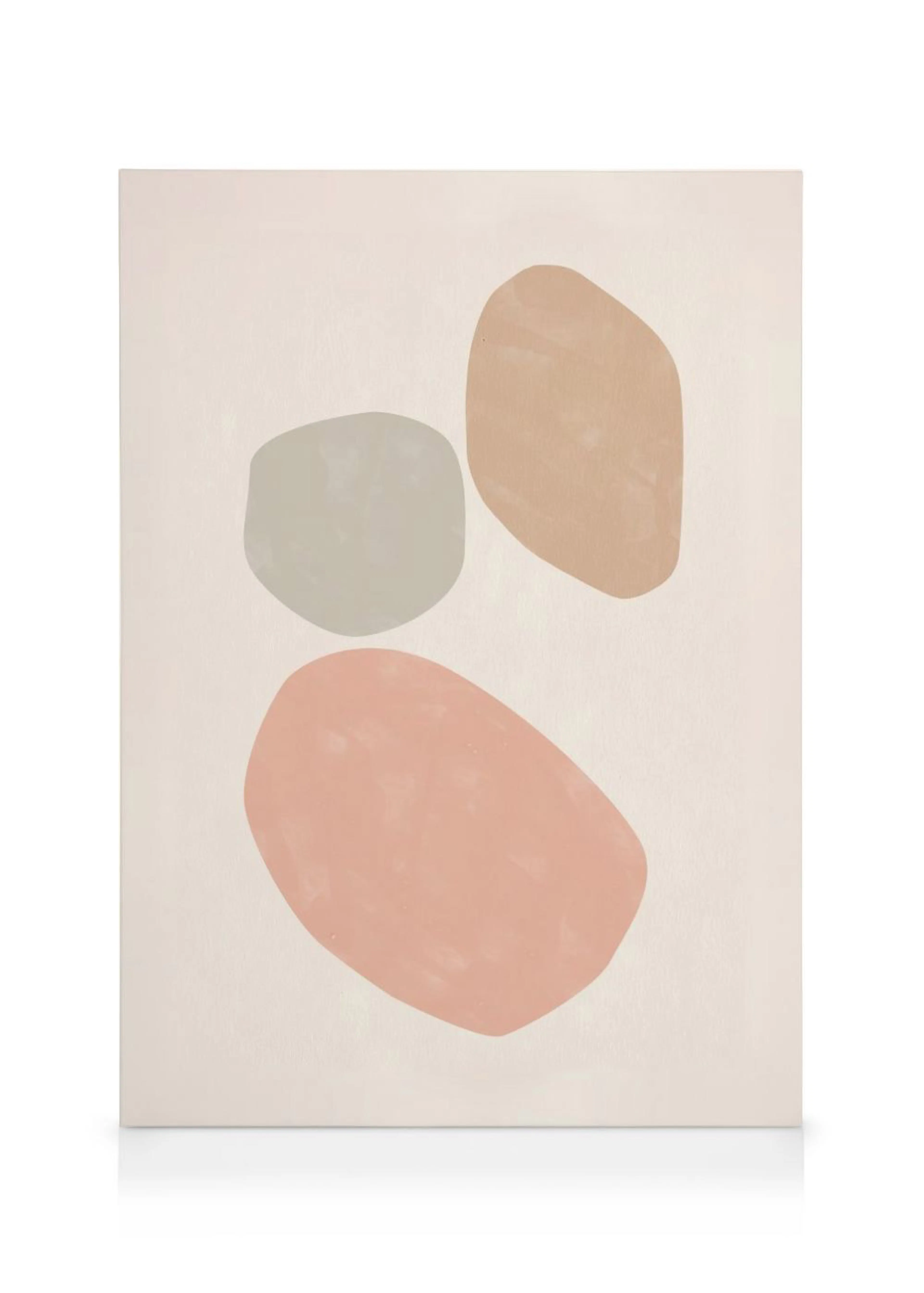 Leinwandbild mit drei organischen Formen in Pastelltönen: Hellgrau, Beige und Rosa auf hellem Hintergrund.