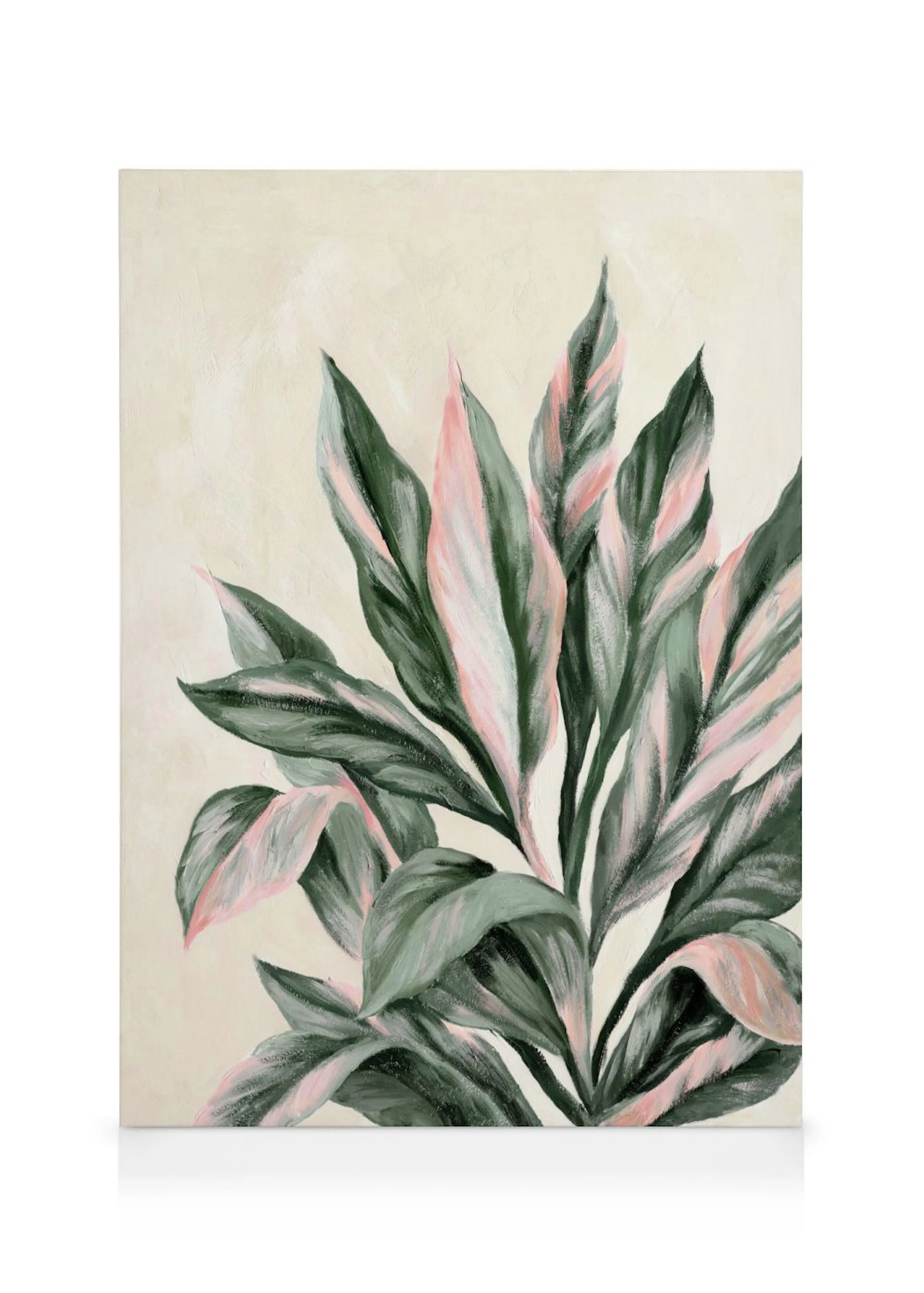 Toile florale avec des feuilles tropicales vertes et roses sur un fond beige clair.