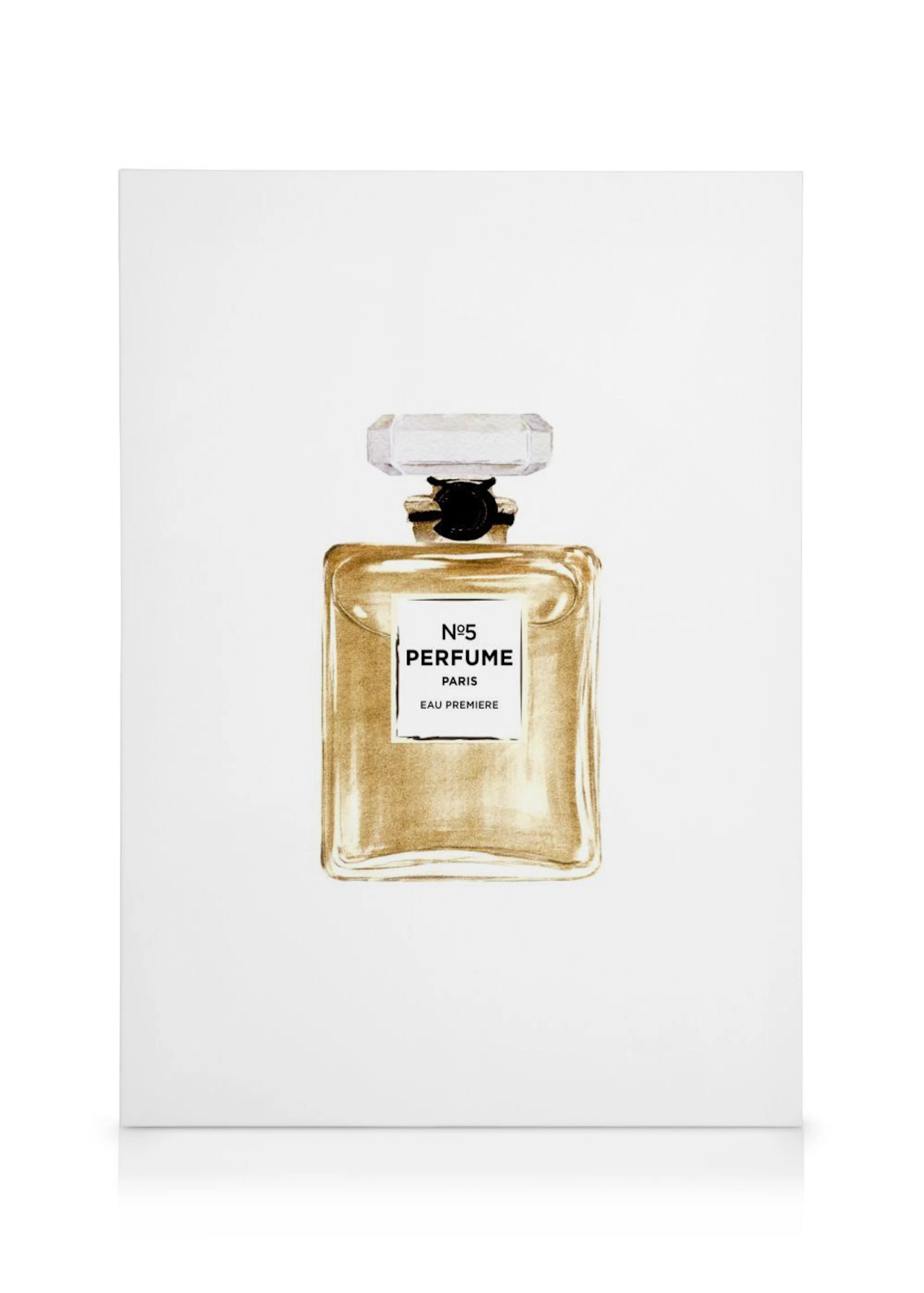 Tyylikäs kanvaasi, jossa on kultainen hajuvesipullo valkoisella taustalla, tekstillä N°5 PERFUME PARIS EAU PREMIERE.