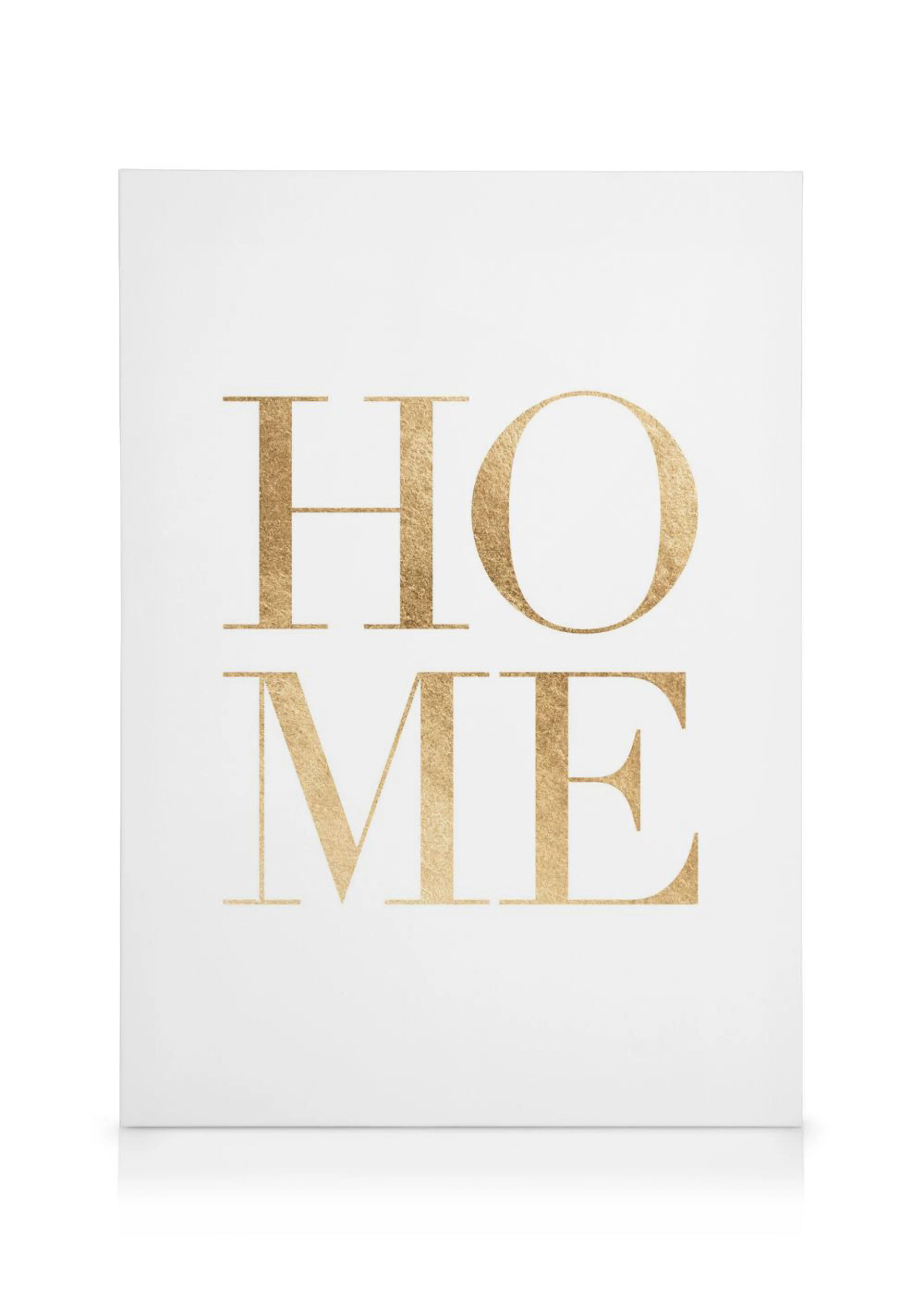 Toile murale blanche avec le mot HOME en lettres majuscules couleur or.