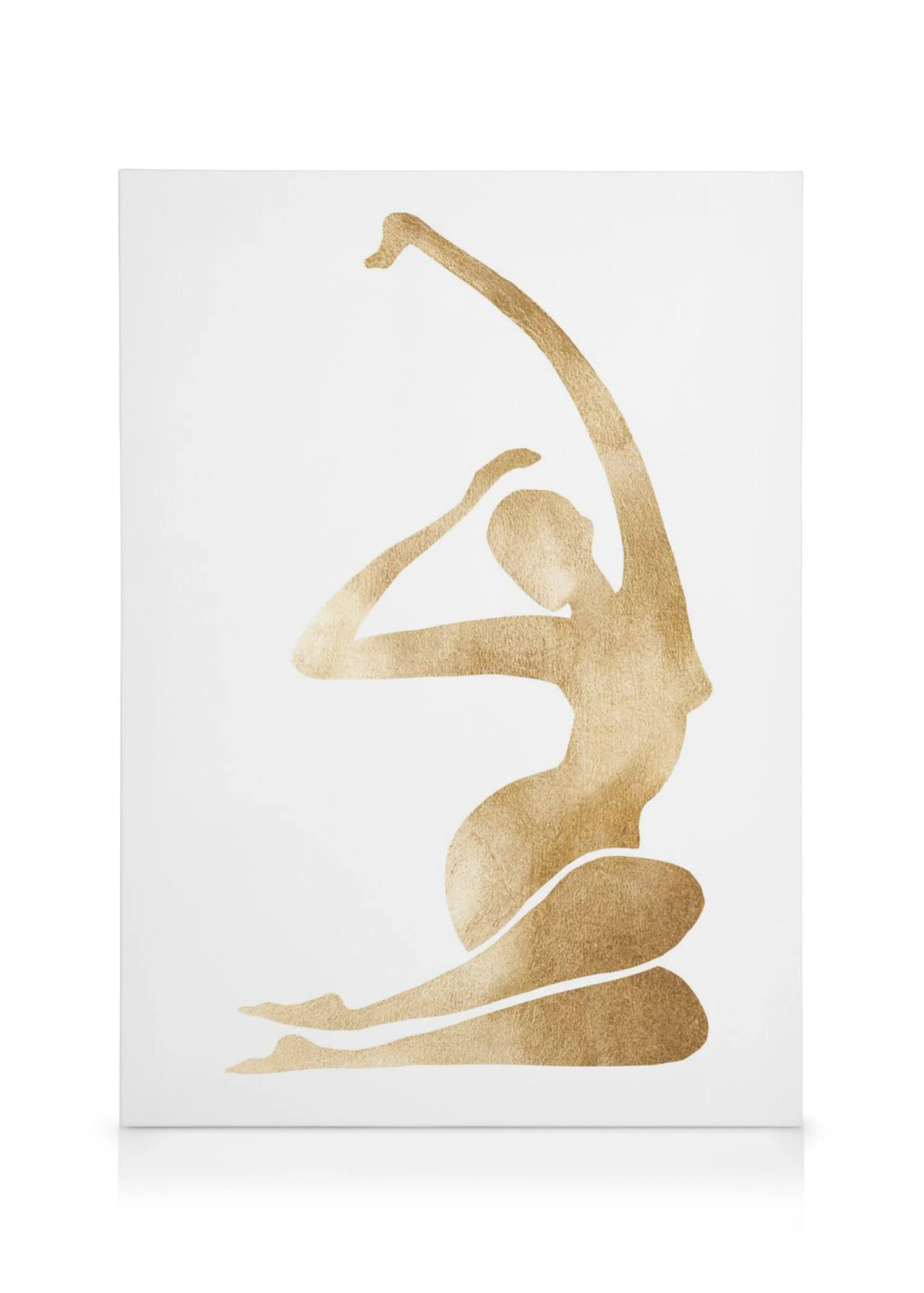 Leinwandbild mit goldener Silhouette einer sitzenden Frau mit elegant erhobenem Arm auf weißem Hintergrund.