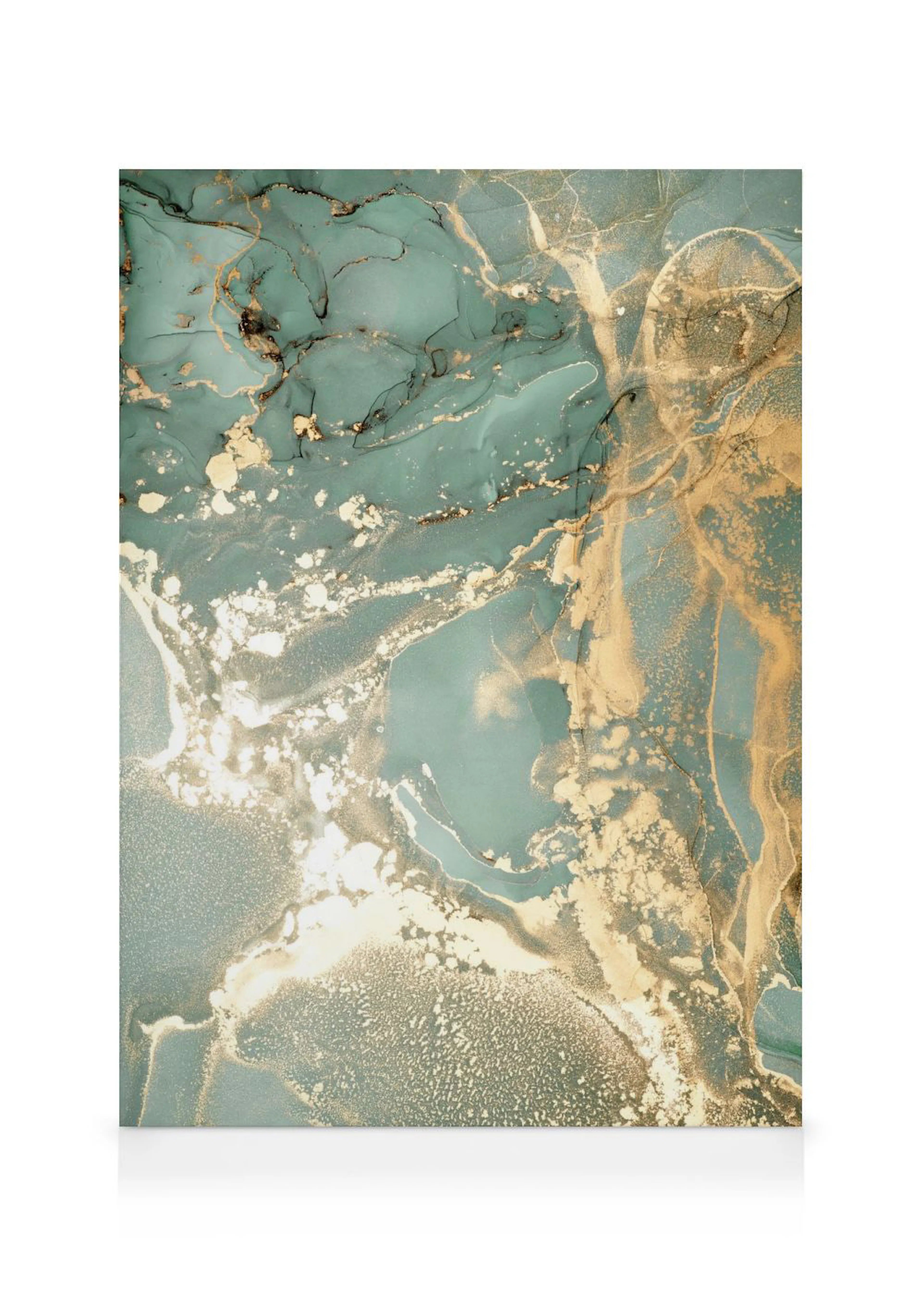 A canvas featuring an abstract fluid art design with teal, gold, and white marbled patterns and shimmering textures.