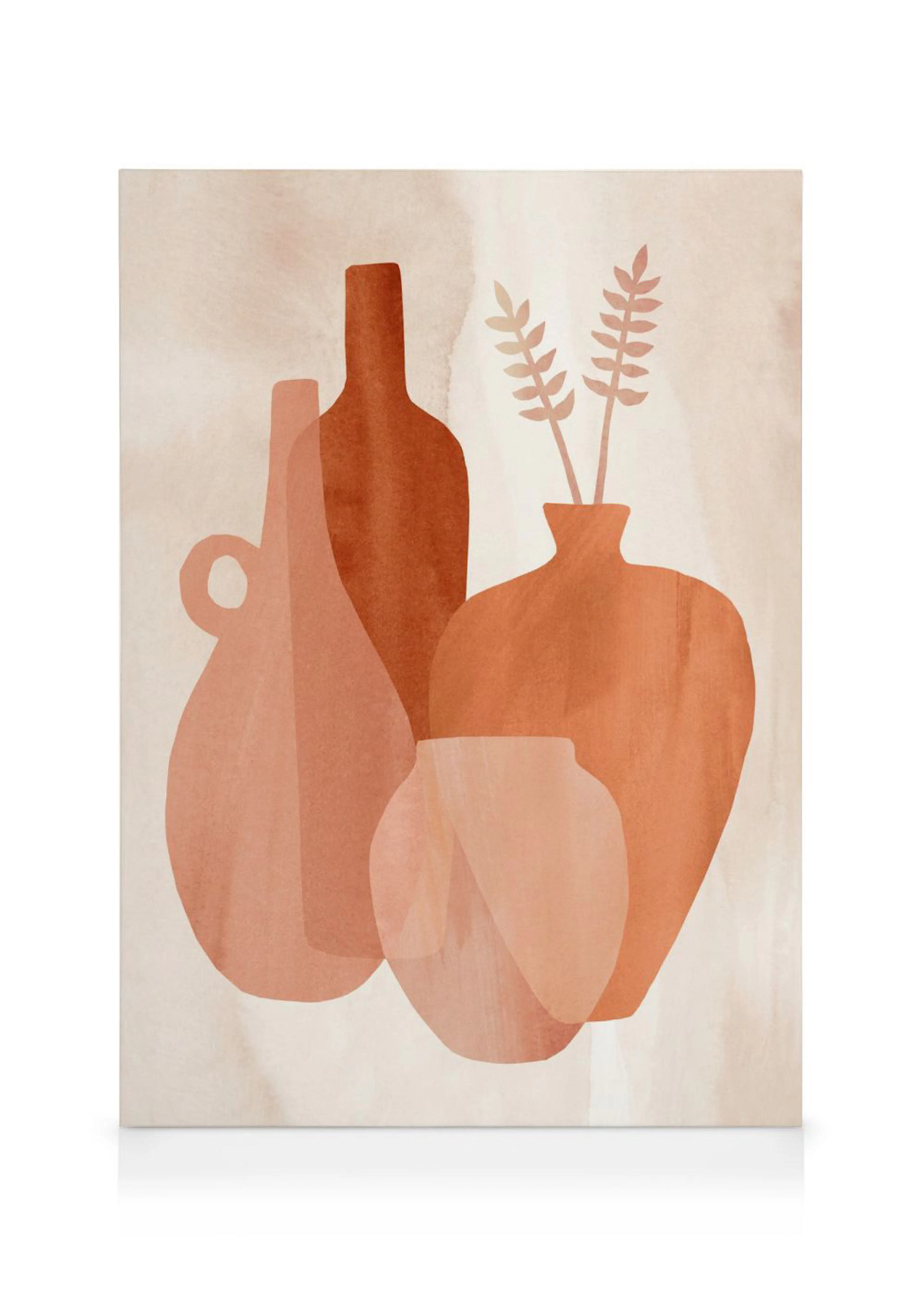 Toile abstraite avec des vases et bouteilles terracota et beige superposés, sur un fond clair texturé.