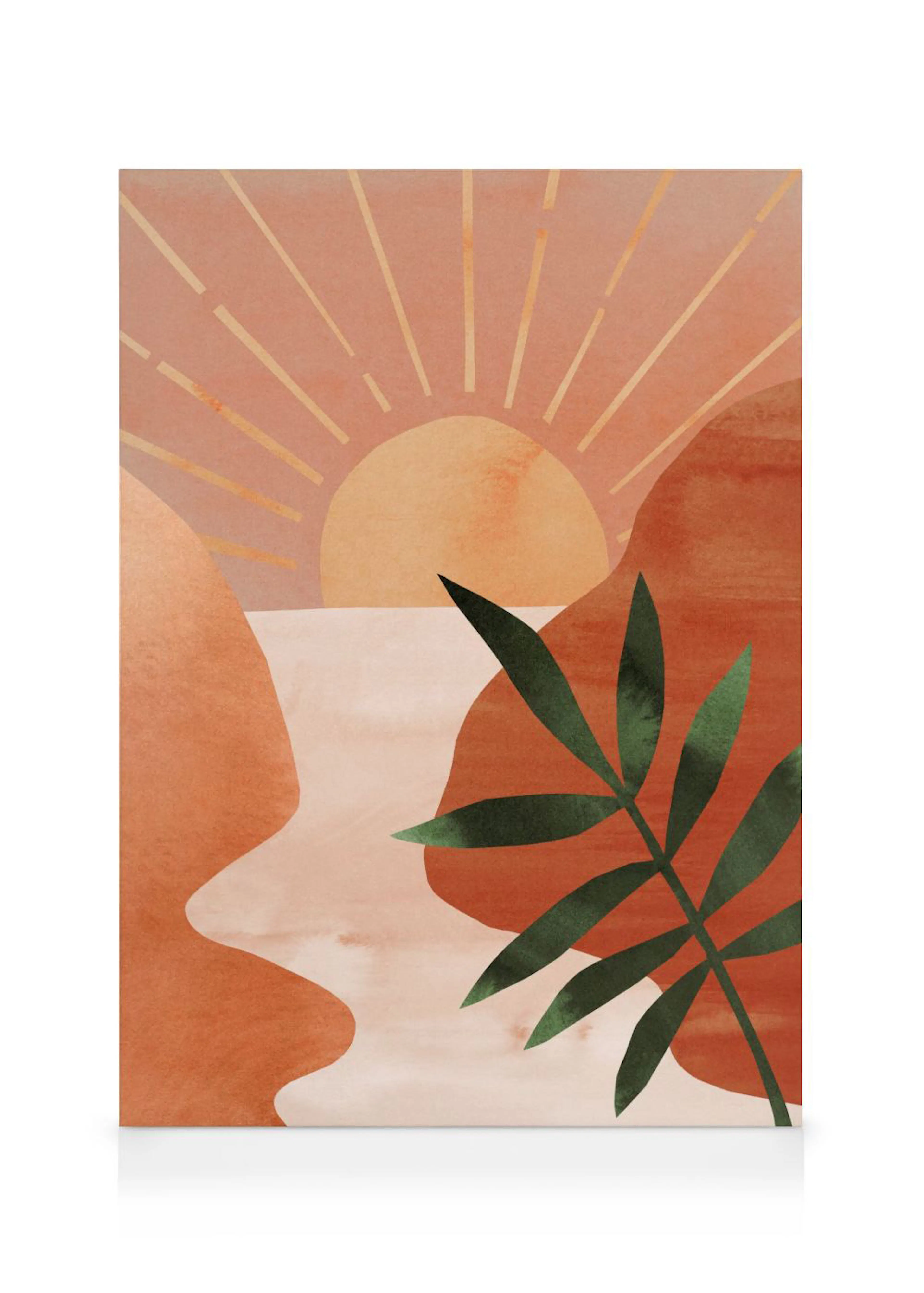 Toile abstraite dun coucher de soleil orange et rose sur leau, avec une feuille de palmier verte au premier plan.