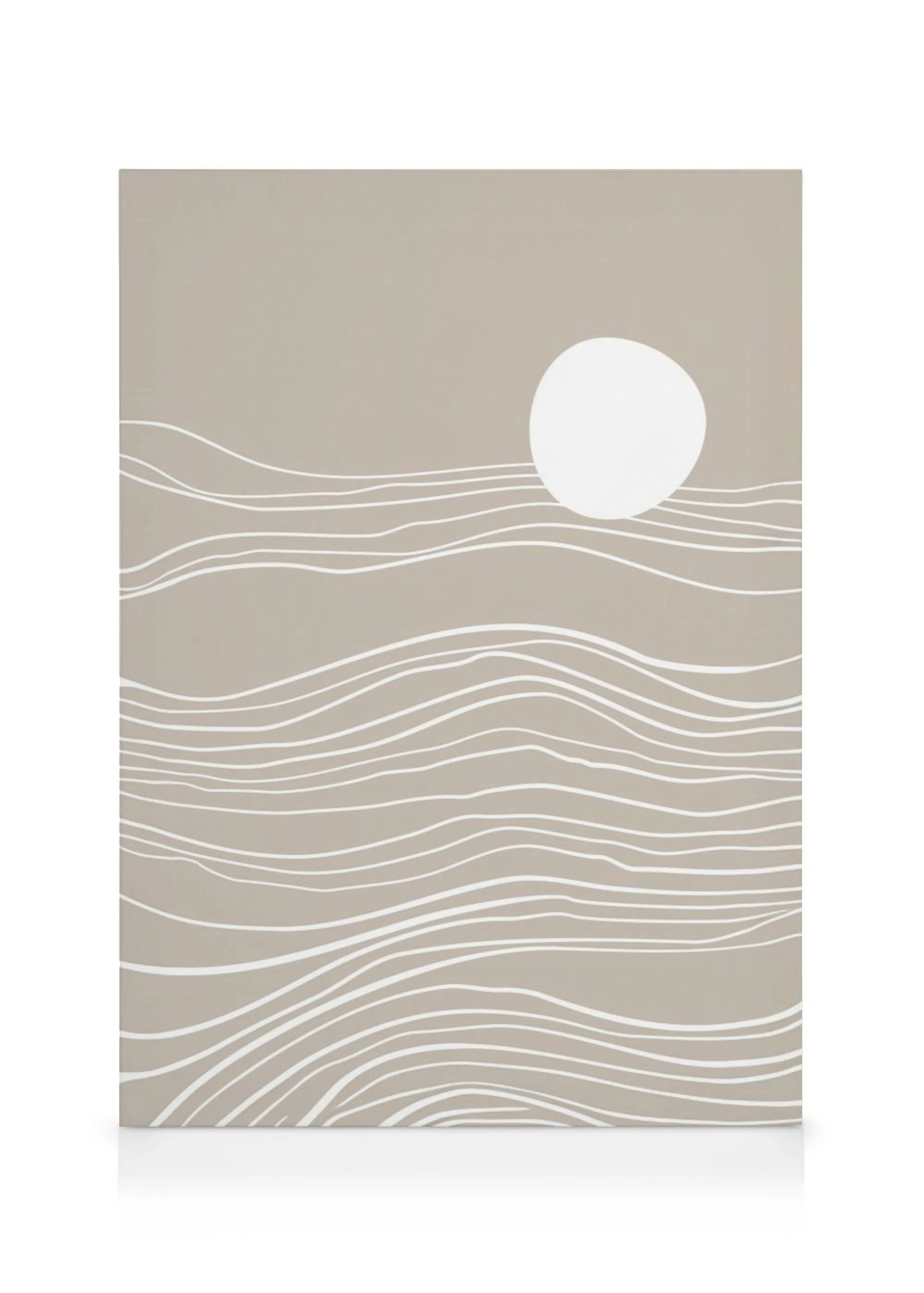 A canvas featuring a minimalist design of a white sun over wavy white lines on a beige background.