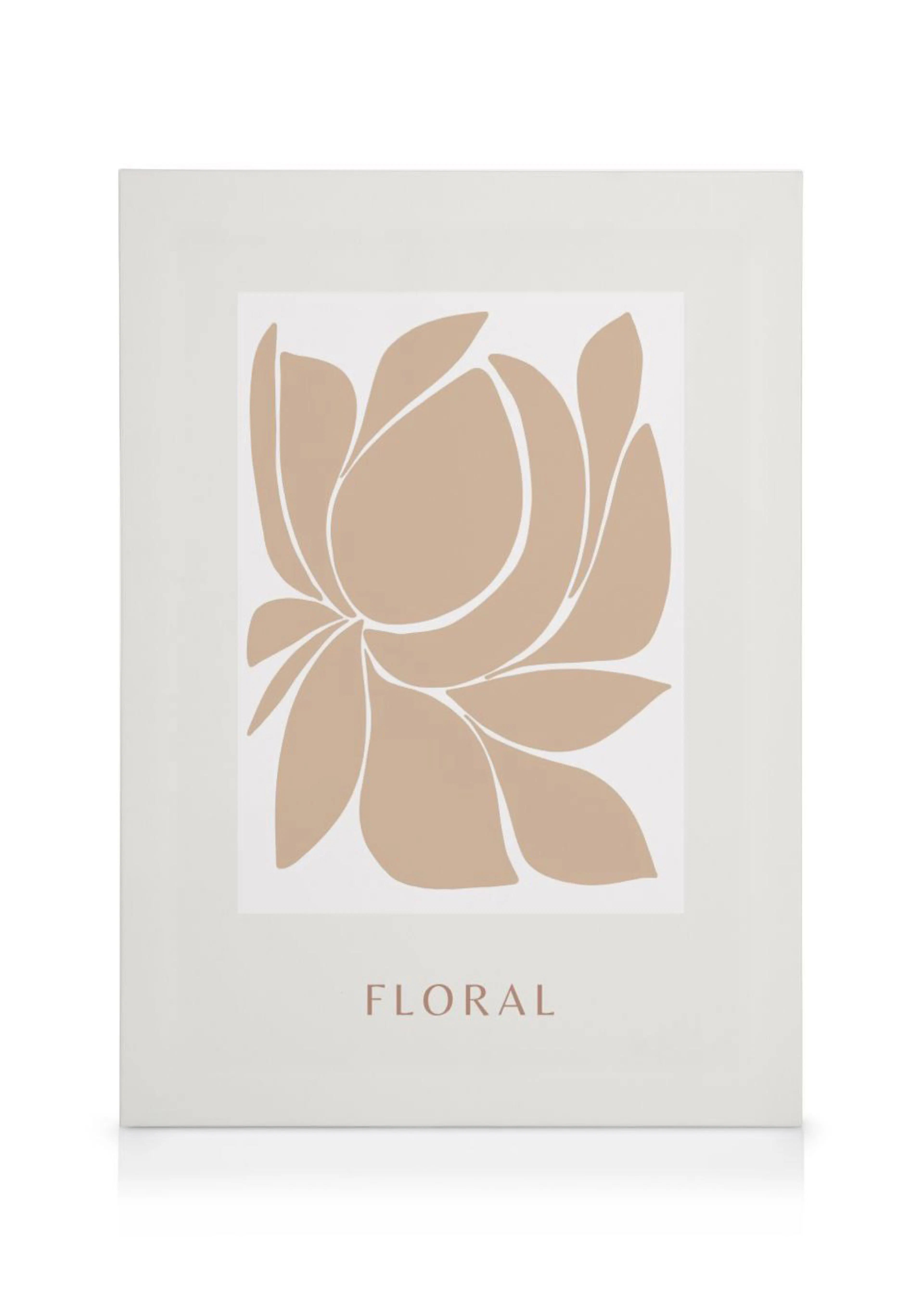 A canvas featuring a stylized beige lotus flower with petal outlines on a white background, with the word FLORAL below.