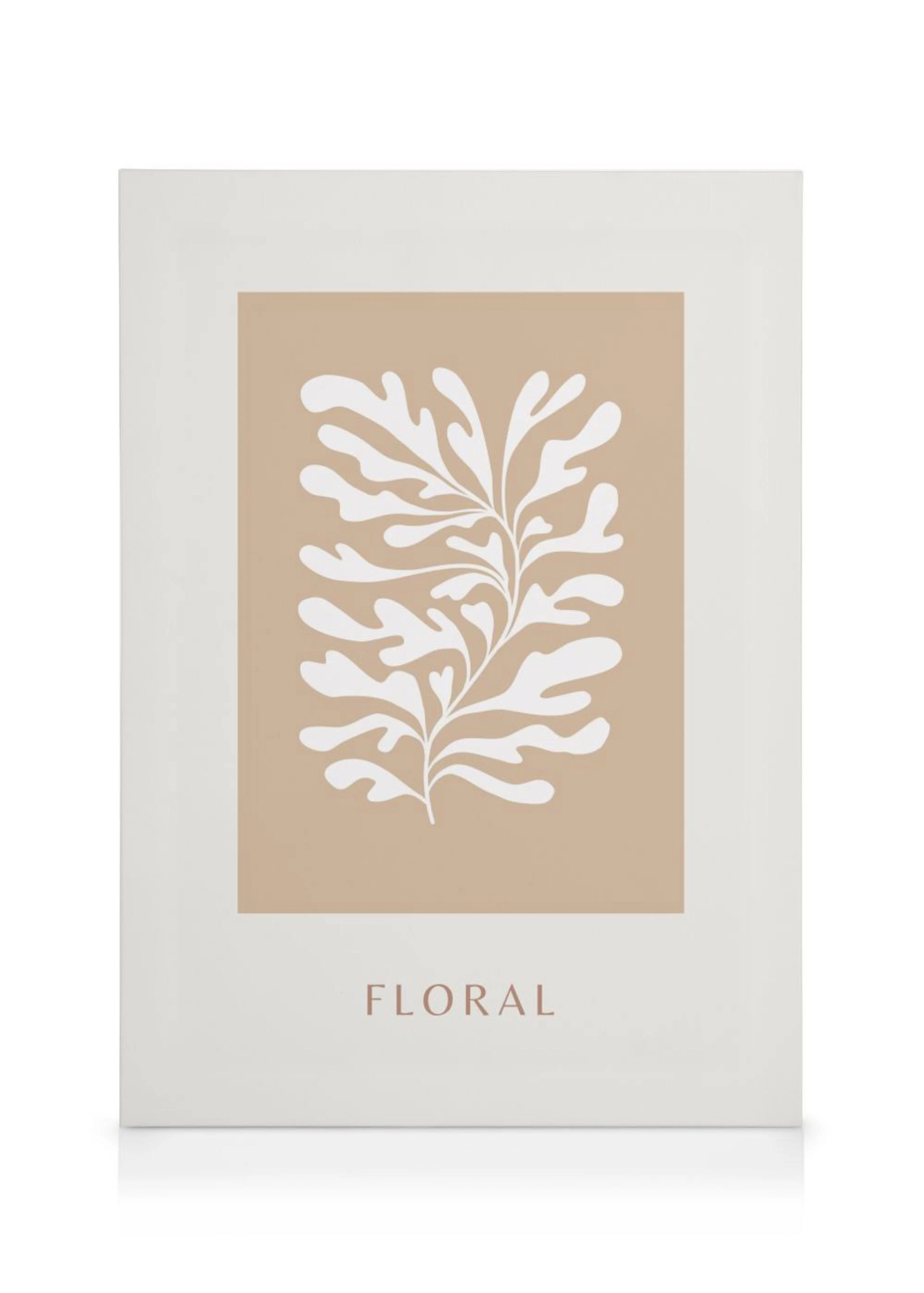 Stampa su tela con motivo floreale bianco su sfondo beige e bordo bianco, con la scritta FLORAL in basso.
