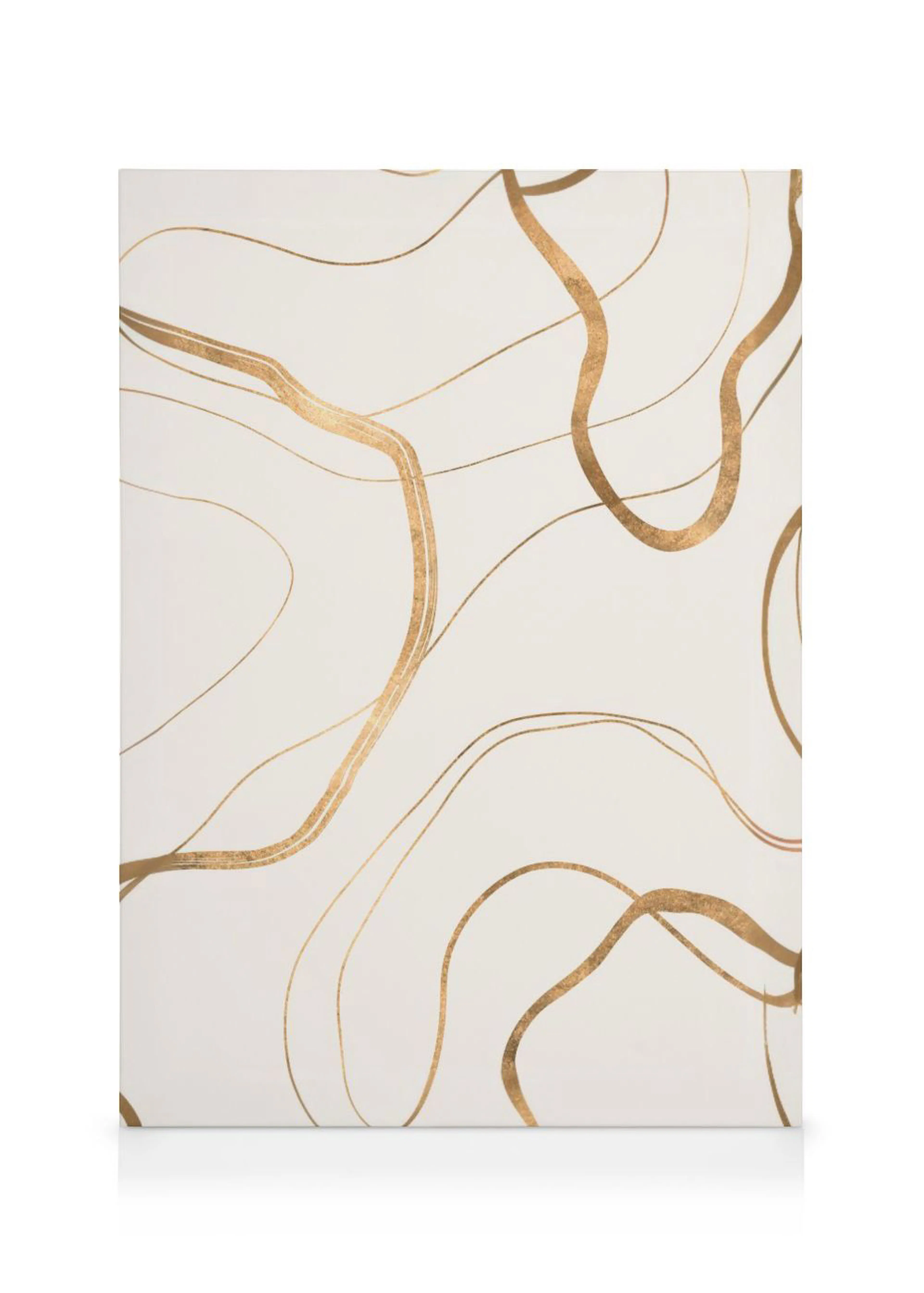 Toile murale abstraite avec des lignes et des formes dorées sur un fond blanc crème.