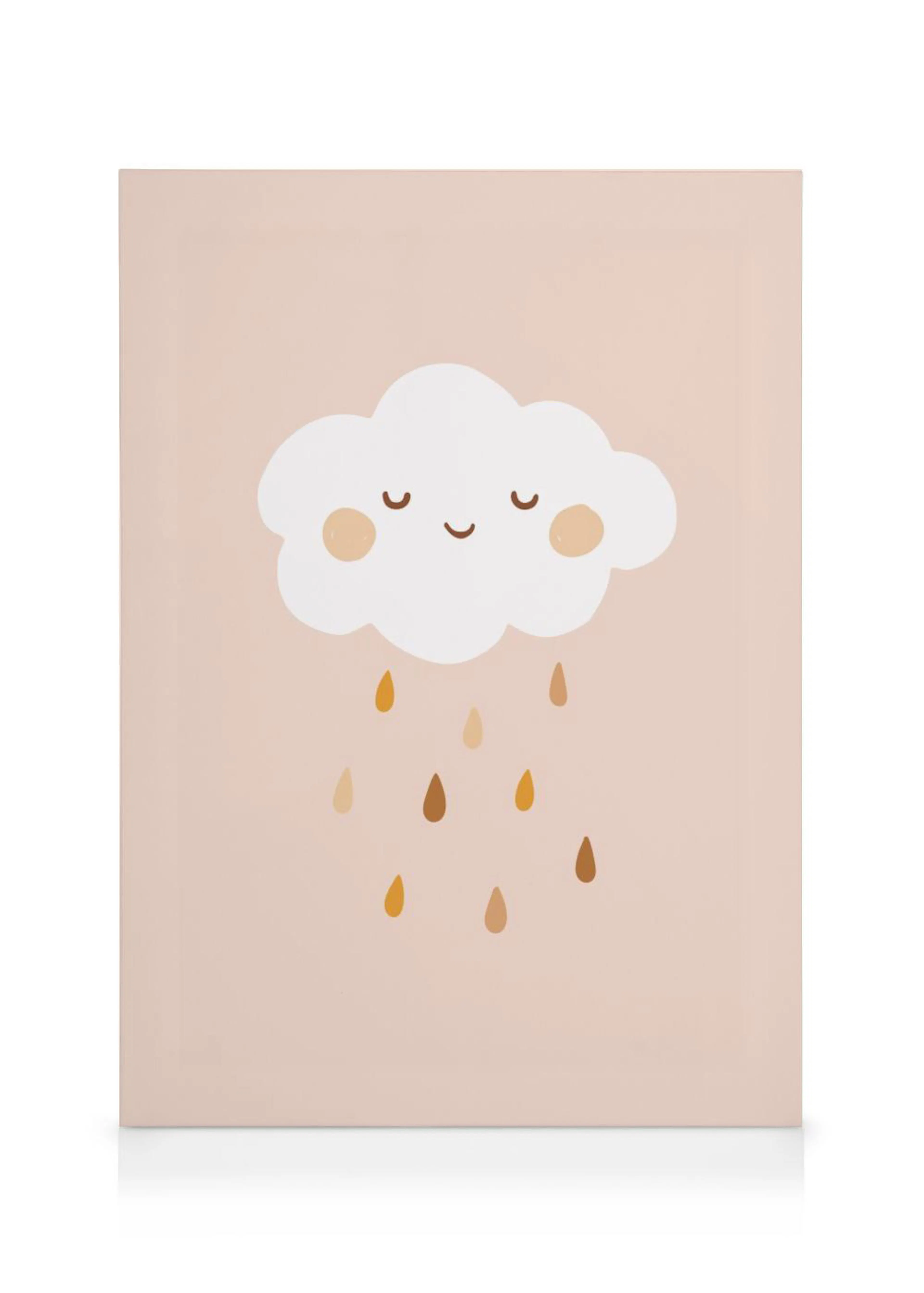 Leinwandbild mit einer süßen weißen Wolke, die goldbraune Regentropfen auf rosafarbenem Hintergrund fallen lässt.