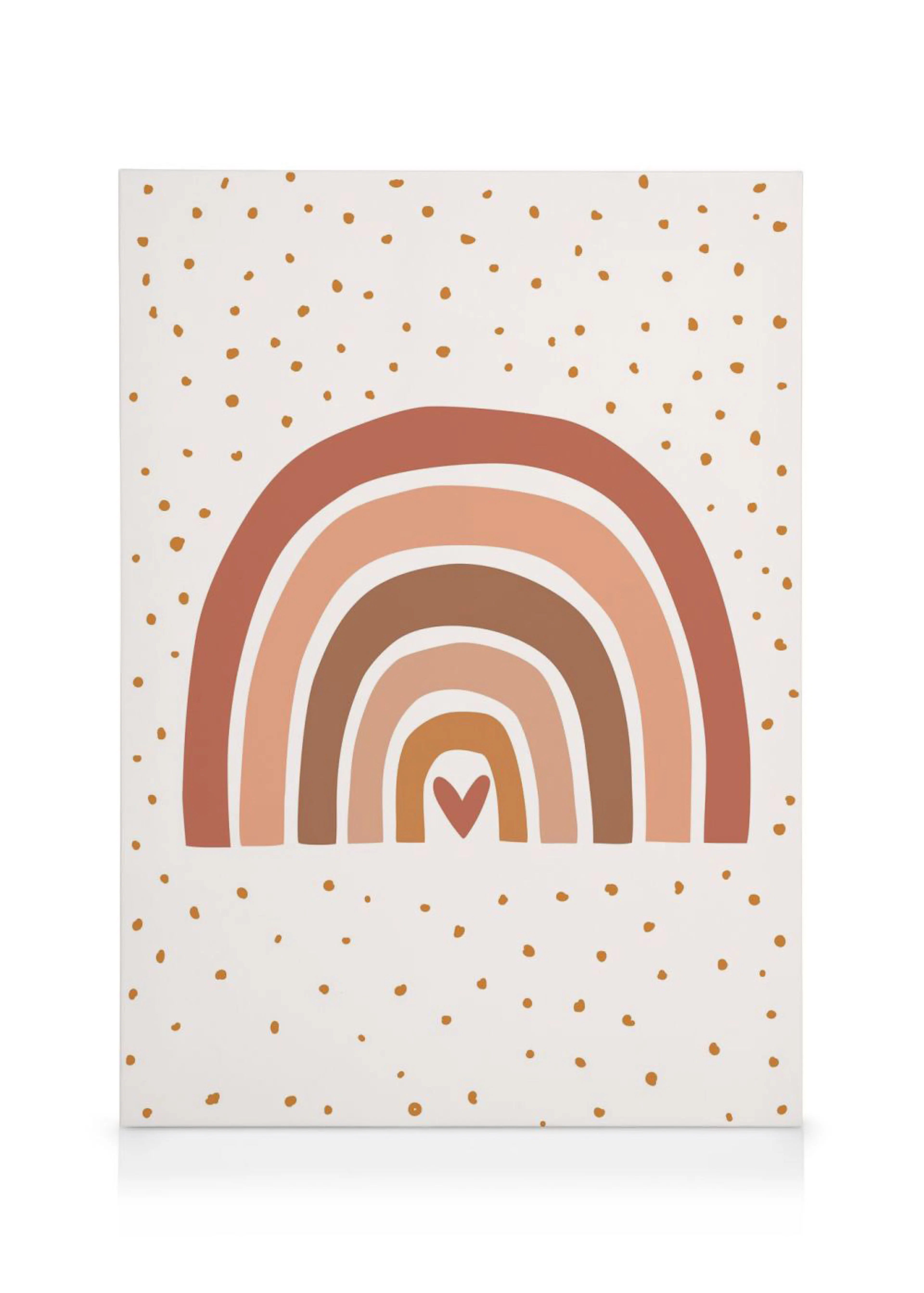 A canvas featuring a boho-style rainbow in terracotta, peach, and brown, with a small heart, on a white background with scattere