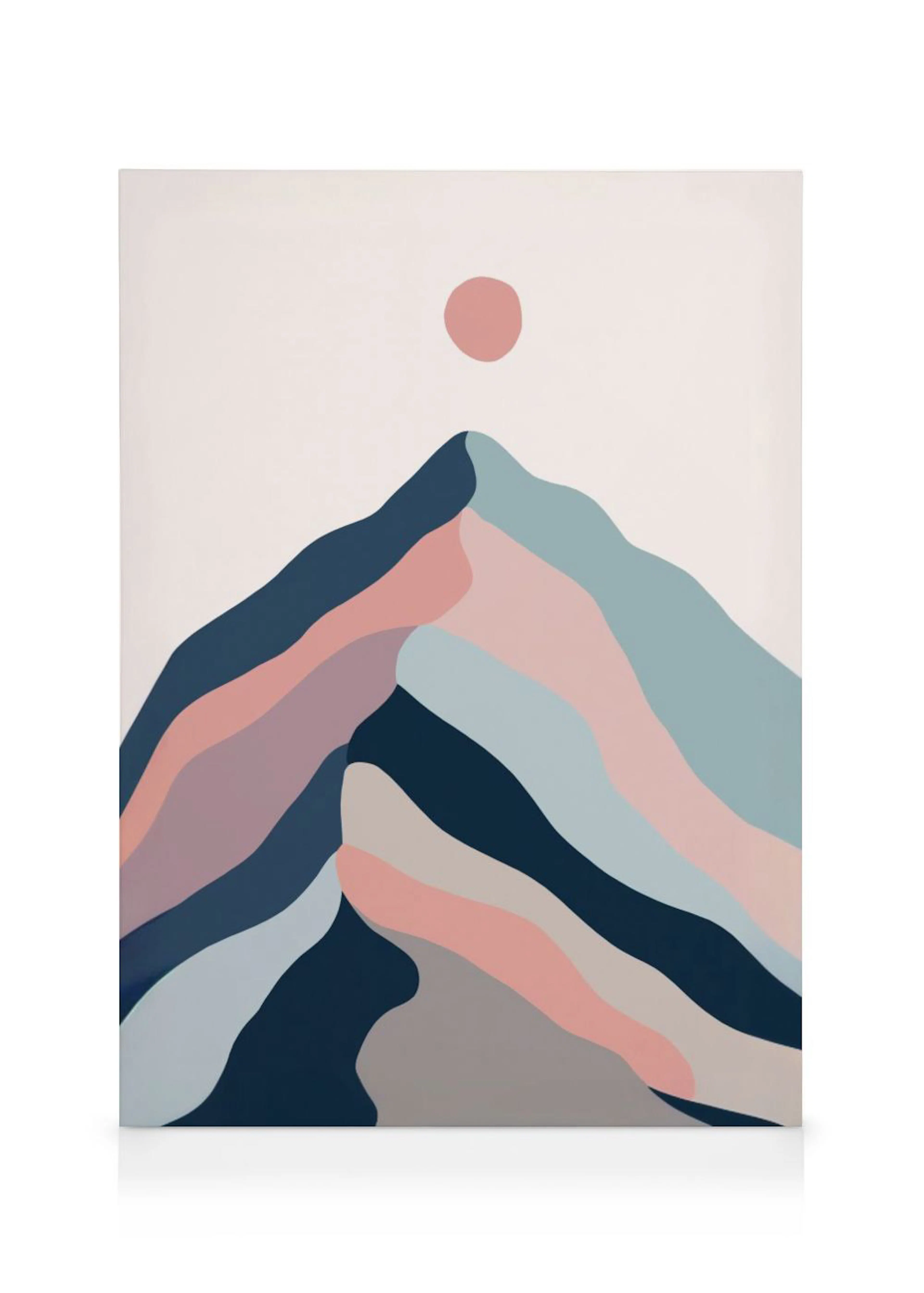 A canvas showing a minimalist mountain landscape with a pink sun and rolling peaks in blue, pink, and grey tones.