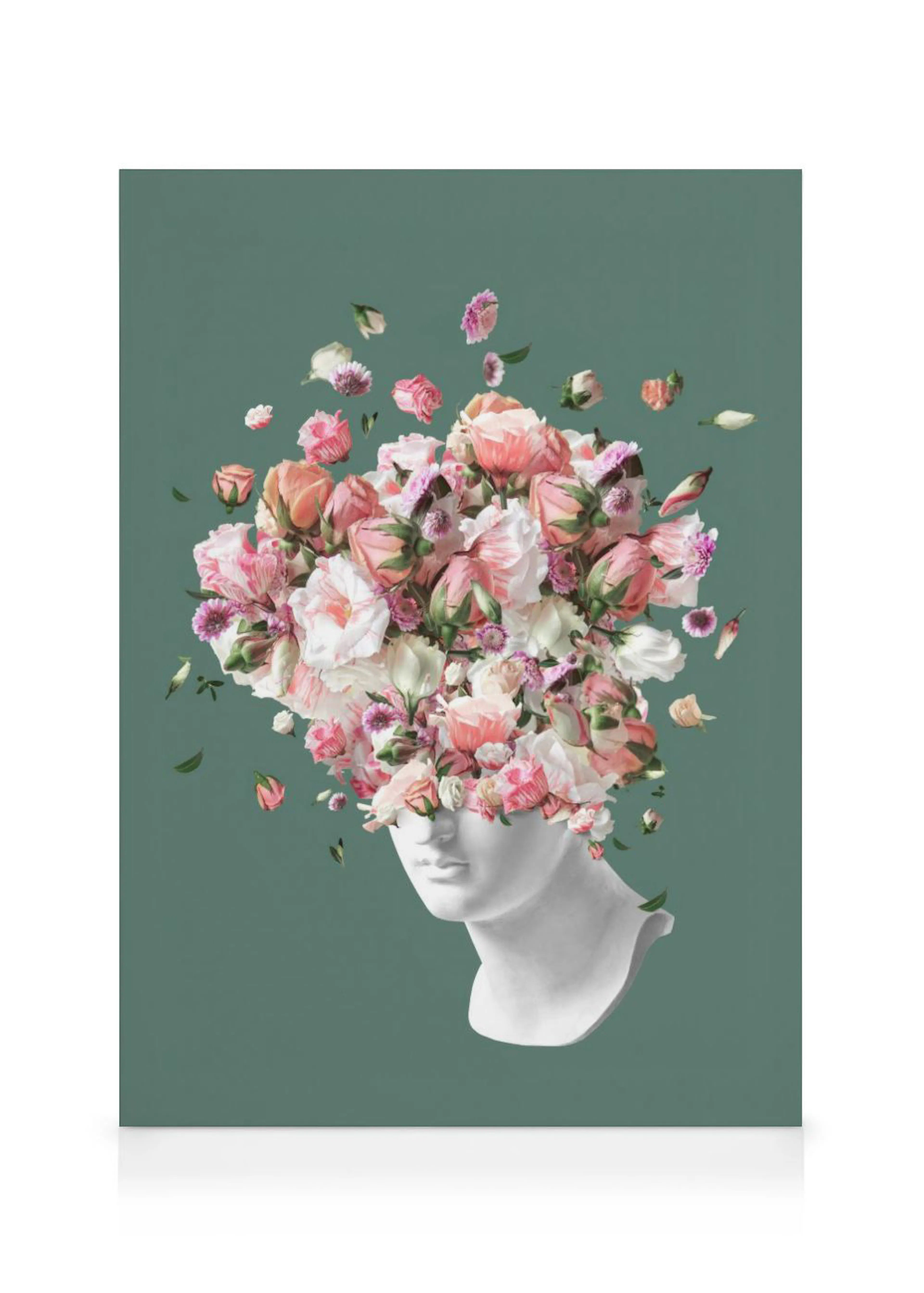 Lienzo con una escultura de la cabeza de una mujer con un ramo de flores rosadas y blancas en lugar de cabello.